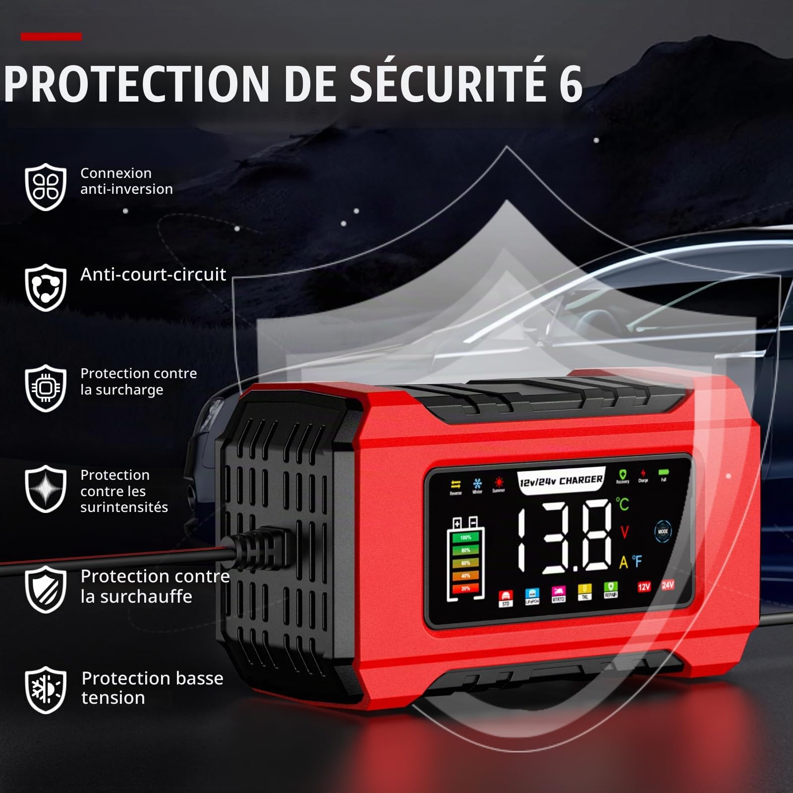 15A Chargeur Batterie Voiture, 12V/24V Chargeur avec Mémoire Intelligente