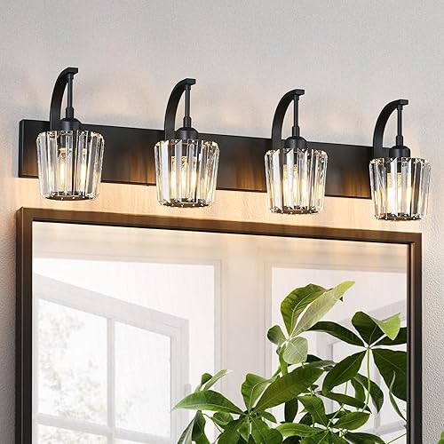Miniatura 51 de Luces de tocador de cristal cromadas de 4 luces, modernas lámparas de baño de cristal sobre espejo de 32.67 pulgadas de largo para baño Cromo