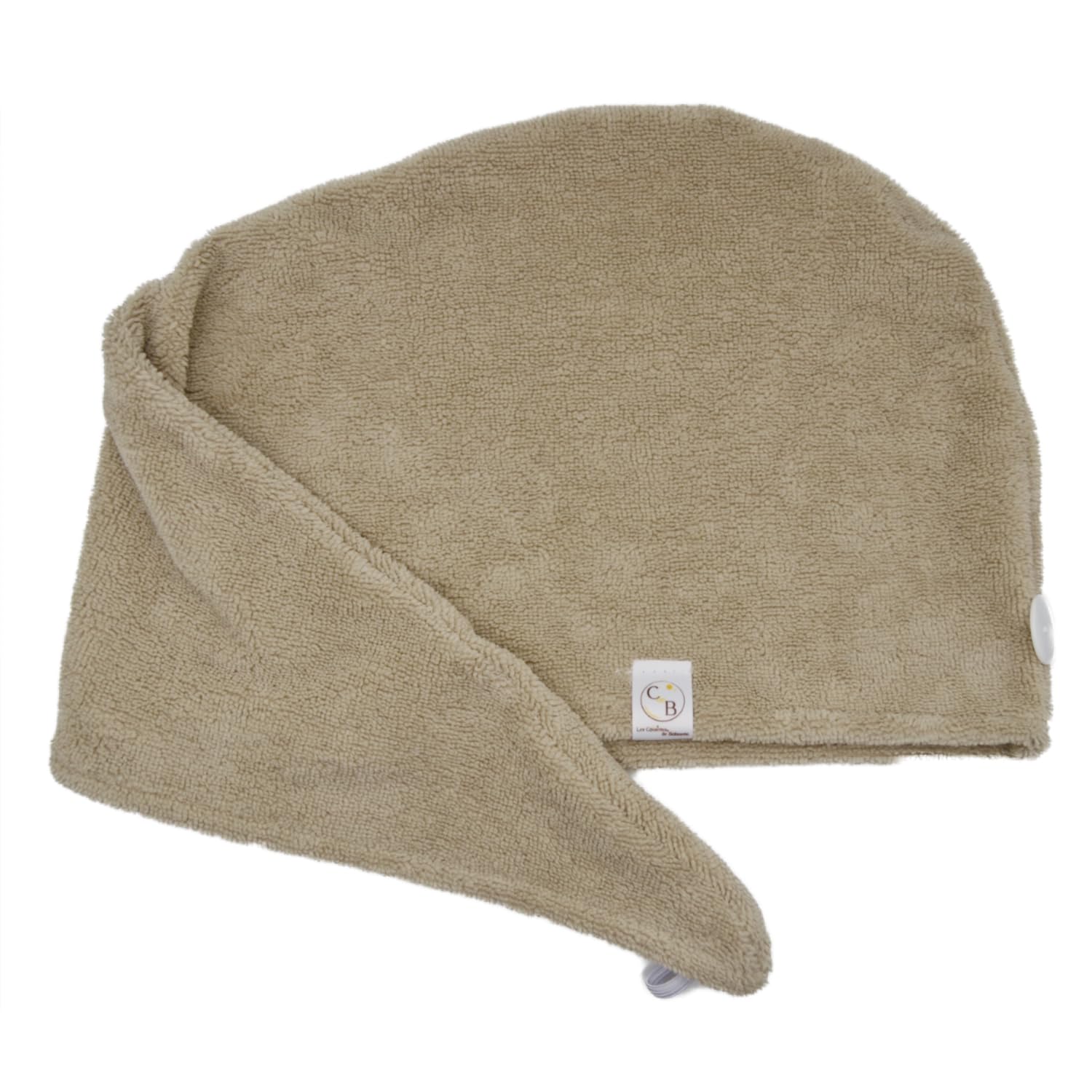 Toalla para el Cabello de Microfibra de bambú x2 – Absorbente y Suave – Secado rápido – Turbante con Cierre de botón – Fabricación Francesa (Beige Claro Capuchino)