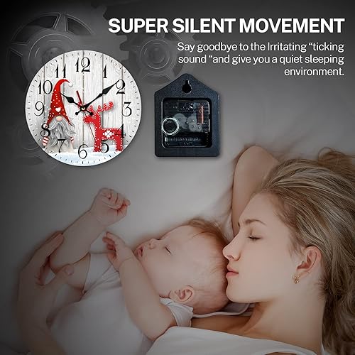 Miniatura 6 de Emvency Reloj de pared de madera de granja, funciona con pilas, silencioso, sin tictac, gnomos de Navidad y alce, relojes de pared decorativos para