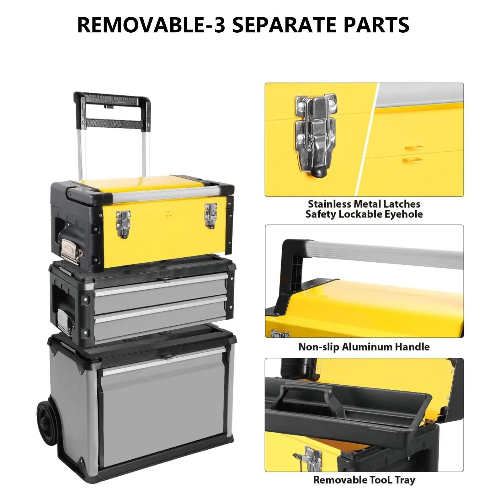 Przenośna skrzynka narzędziowa do układania w stos z kółkami i 2 szufladami metalowa skrzynia na narzędzia do łatwego przechowywania wózka narzędziowego (żółta) - idealna do domu i garażu