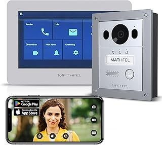 Mathfel 2 Draht Bus Video Türsprechanlage für Einfamilienhaus, 7 Zoll WLAN Monitor, Außenstation in Silber, Unterputz Montage