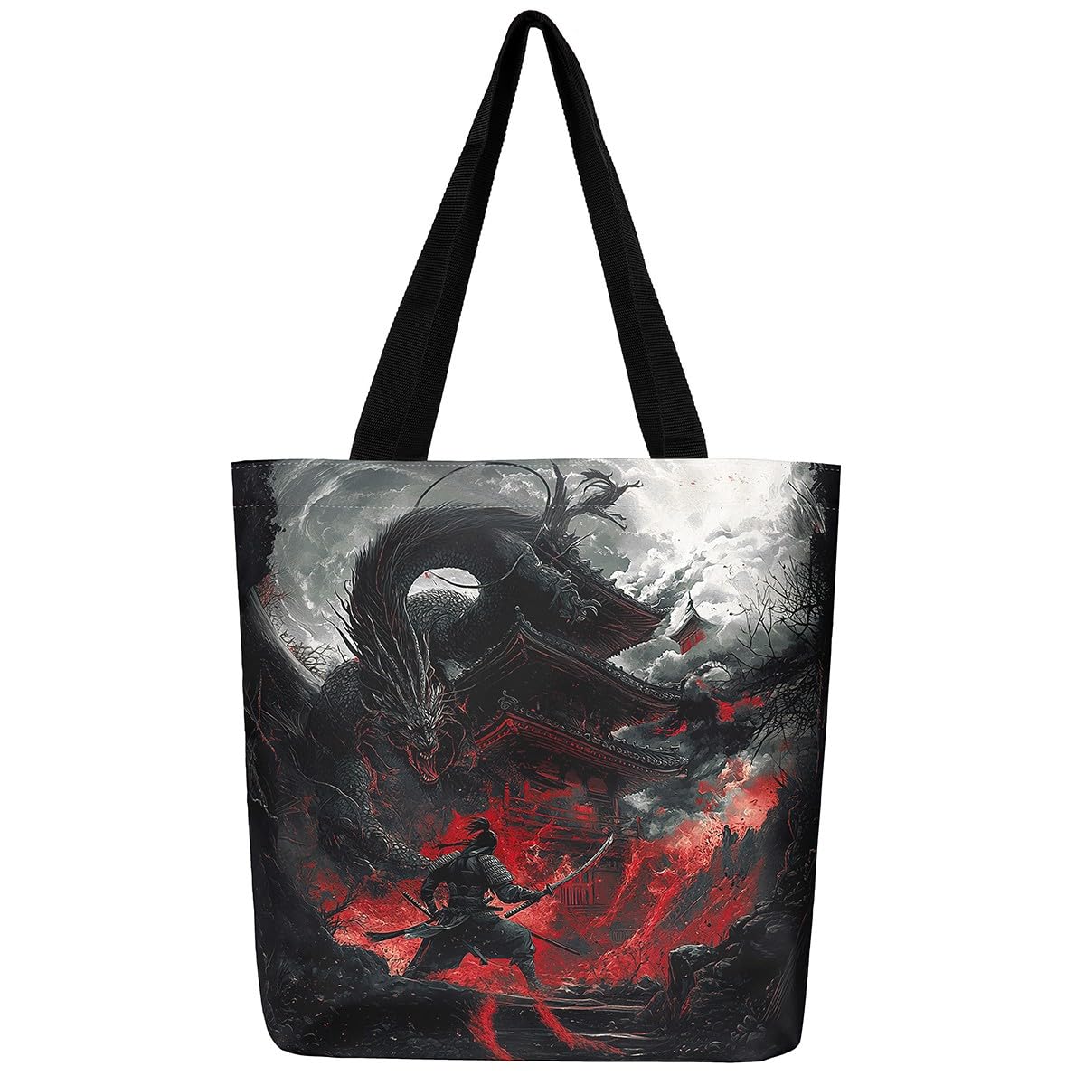 Loussiesd Dragon Canvas Tote Bags for Women Gifts 50cmx40cm Japanese Style Travel Beach Bag Samurai Large Capacity Shoulder Handbags Dragon Decor Reusable Grocery Bag for Shopping Gym Black Red
