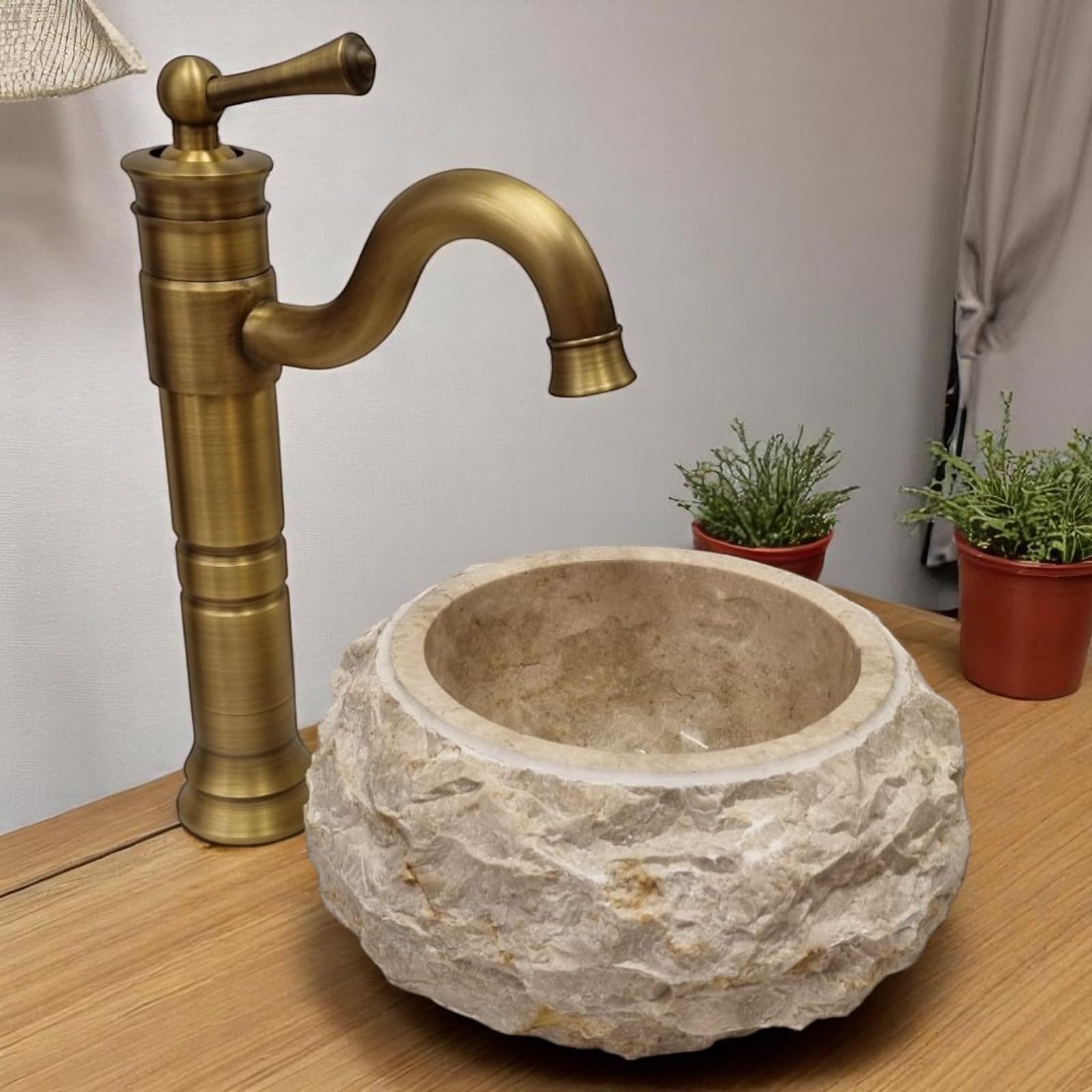 Kinaree Marmurowa umywalka nasadowa z kamienia łamanego – umywalka w 3 rozmiarach – wolnostojąca umywalka z jasnego marmuru (Ø 25 cm)