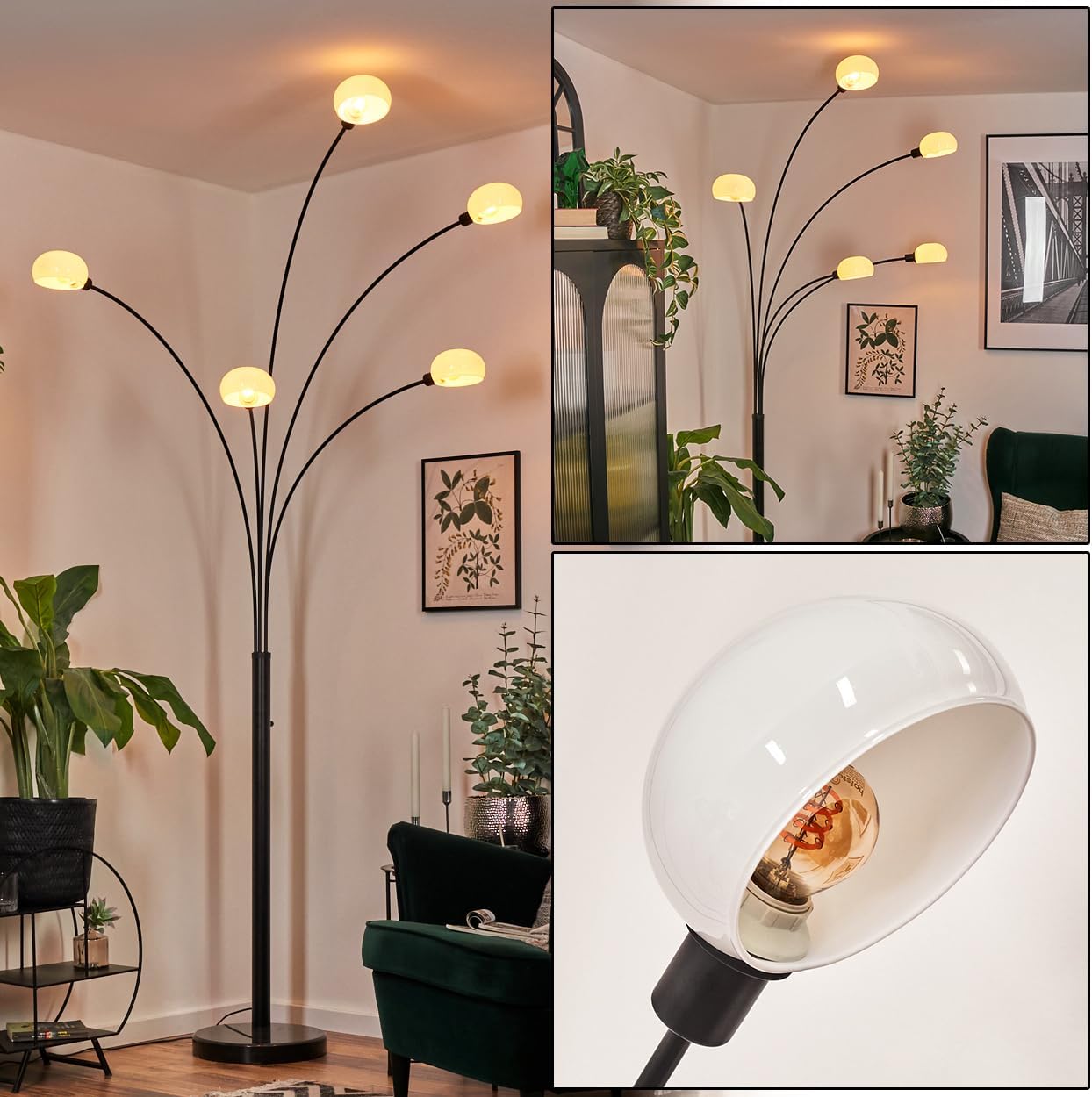 HOFSTEIN Nikkala Floor Lamp in a living room setting, showcasing its five adjustable arms and illuminated shades.