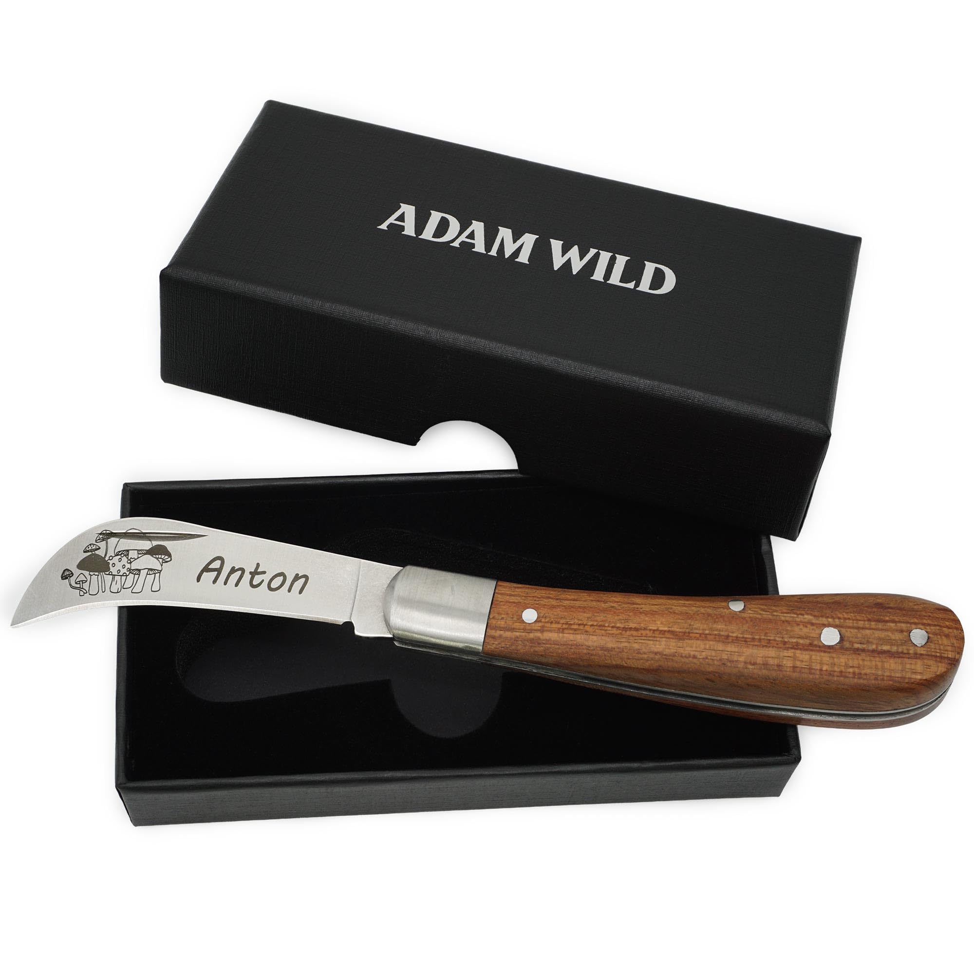 ADAM WILD Pilzmesser mit Gravur | personalisiertes Geschenk für Pilzsammler | Schonende Pilzernte | klappbares Taschenmesser, gebogene Edelstahlklinge & Holzgriff | Outdoor & Naturfreunde | Lasergravur