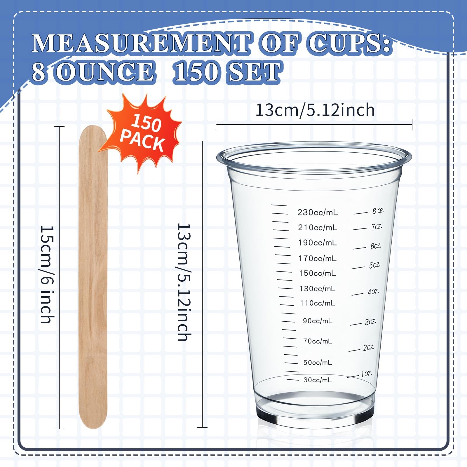 Geiserailie 150 Count Measuring Cups Bulk Graduated Plastic Disposable Mixing Cups 8 oz Paint Cups with 150 Wooden Stirring Sticks for Epoxy Resin, Liquid, Paint, Kitchen, Measurements in ML and OZ
