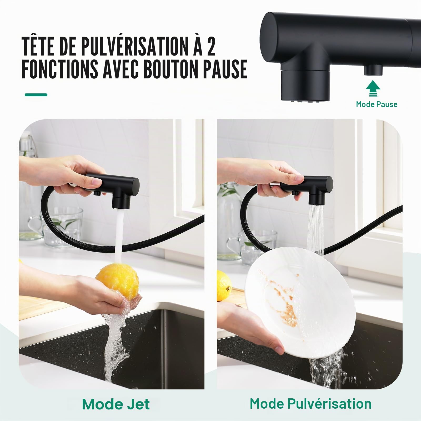 Douchette 3 Fonctions robinet cuisine Mitigeur Lavabo Noir Rotatif 360°, Noir Mat