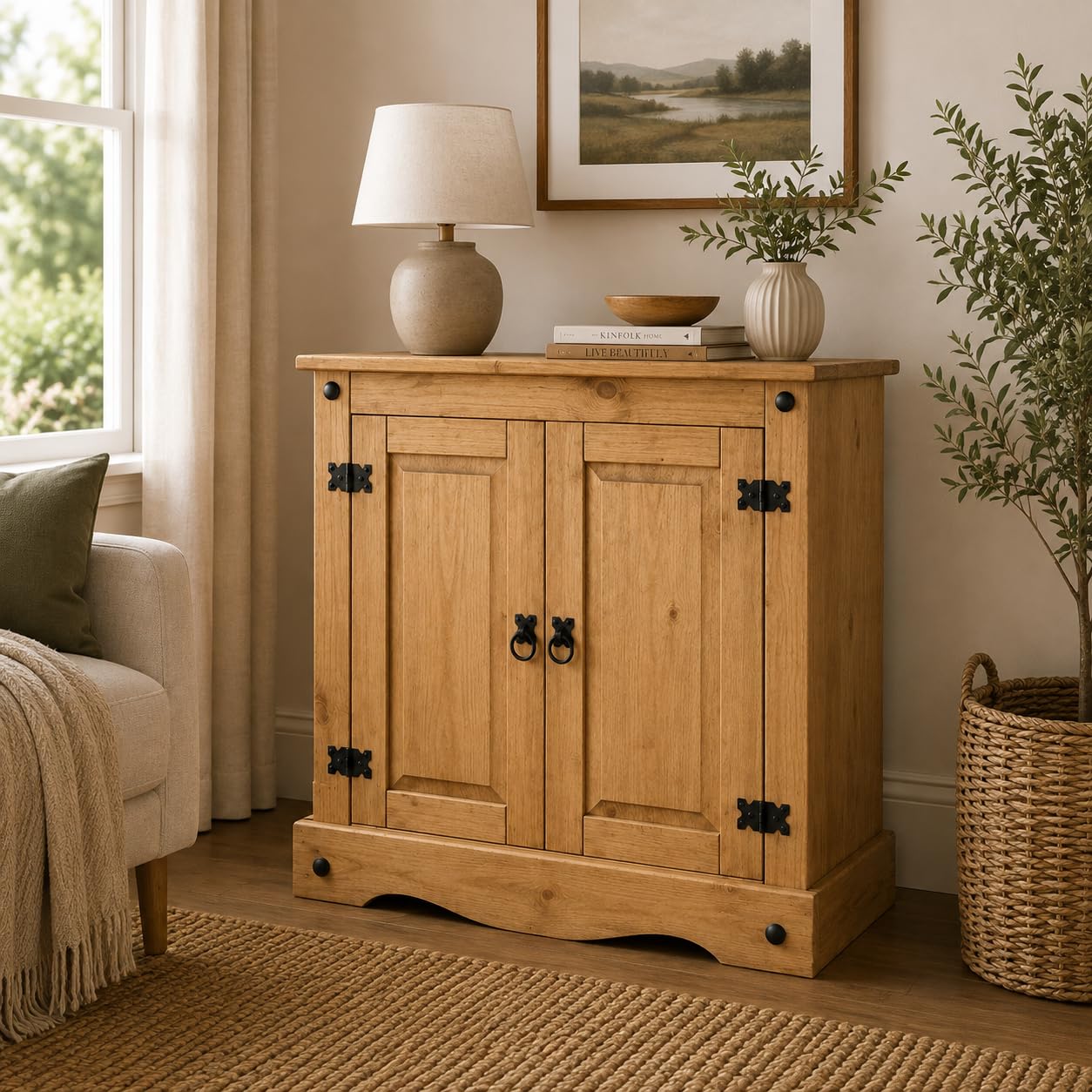 Corona Sideboard Cupboard 2 Door Solid Pine Wood with Wax Finish Mexican Style Black Metal Hardware Internal Shelf