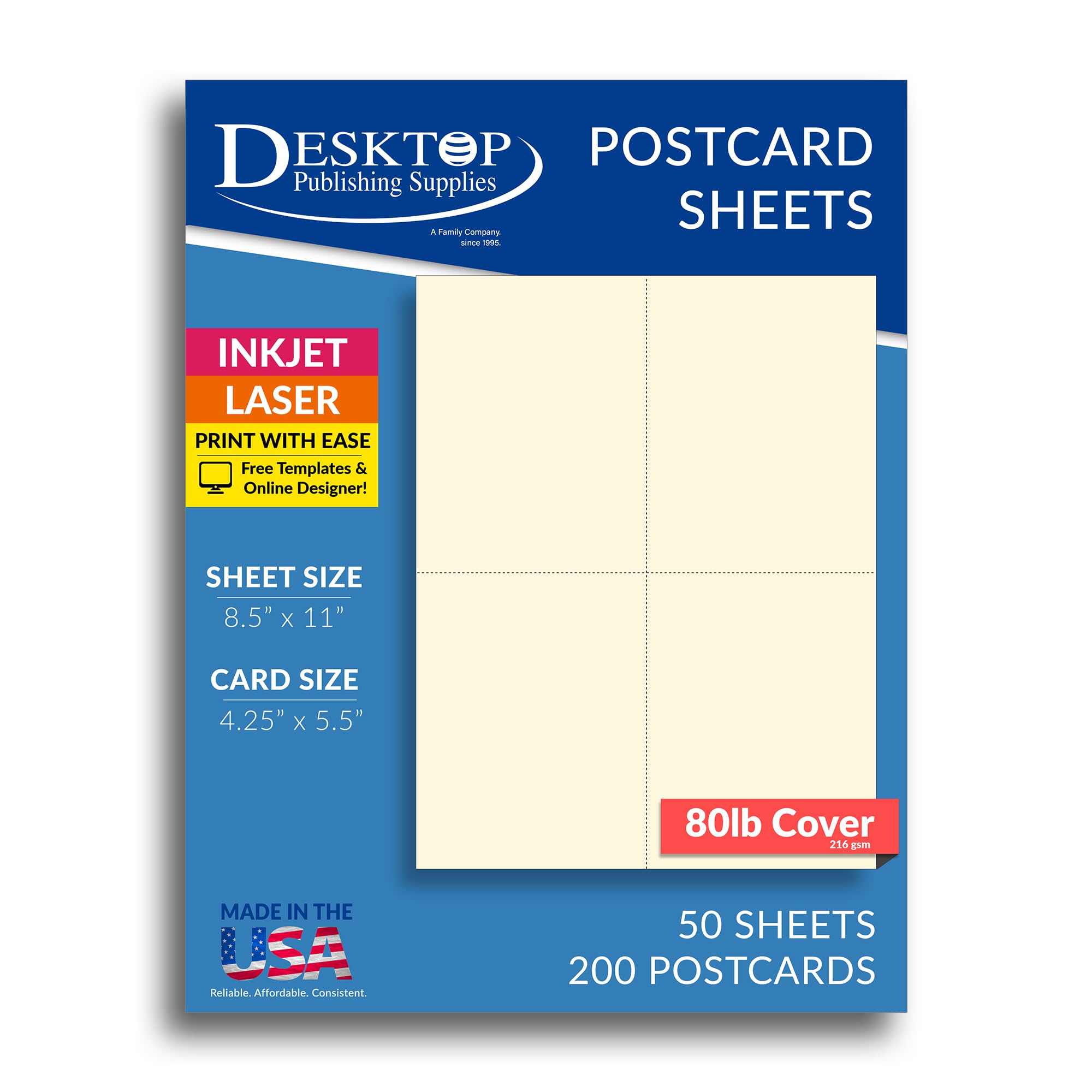 Heavyweight Blank Postcard Paper for Printing - Off White/Cream - Perforated 4 per Sheet - Thick 80lb Cover Cardstock - Inkjet/Laser Printable (50