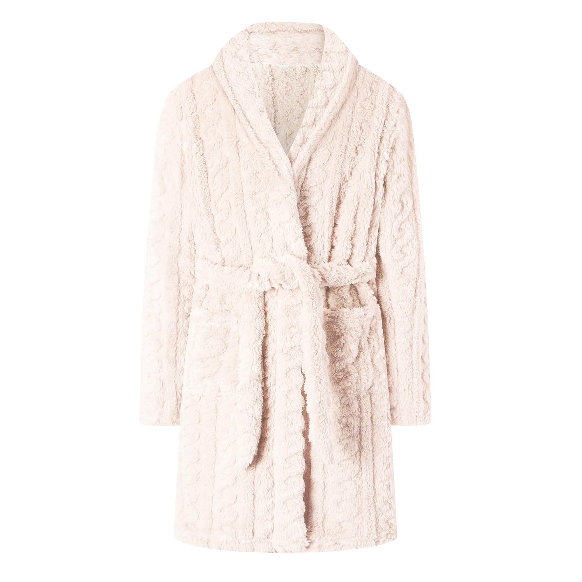 Umeyda Girls Soft Fleece Bathrobe, Cable Plush Hoodless Warm Robes with Belt Pockets for Kids, 2-15Y