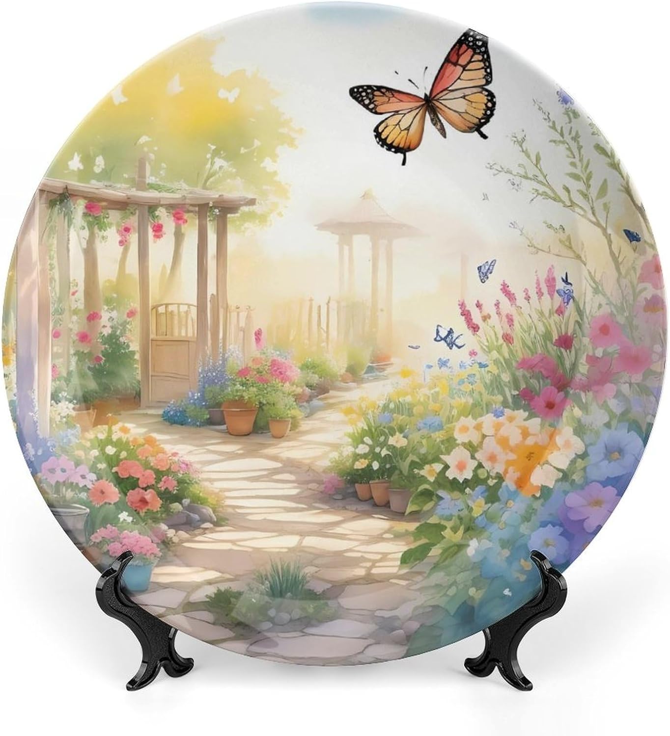 Summer Decorative Plates for Home Party, Wildflower & Butterfly in Garden Decor Tray for Table Display, Ceramic Dinner Plate W/Stand, Living Room Decor, Summer Party Supplies, 7 Inch