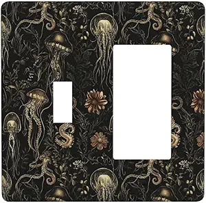 Decorative Outlet Covers Black Gold Jellyfish Squid Deep Sea Creatures 2 Gang Outlet Cover Wall Plate Single Toggle Rocker Light Switch Cover Plate Switch Plate Covers for Home Decor