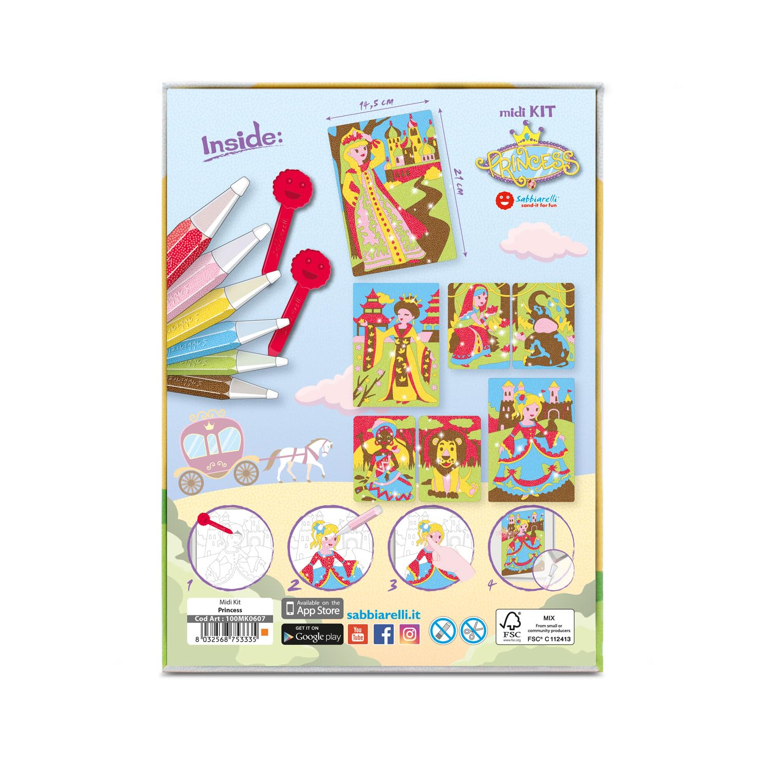Sabbiarelli – Kit Princess 5+ | Set de Sand Art sur le Thème des Princesses | Contient dessins adhésifs, sable coloré et 2 mini-spatules | 100% Made in Italy | Loisirs créatifs | Filles 5-12 ans