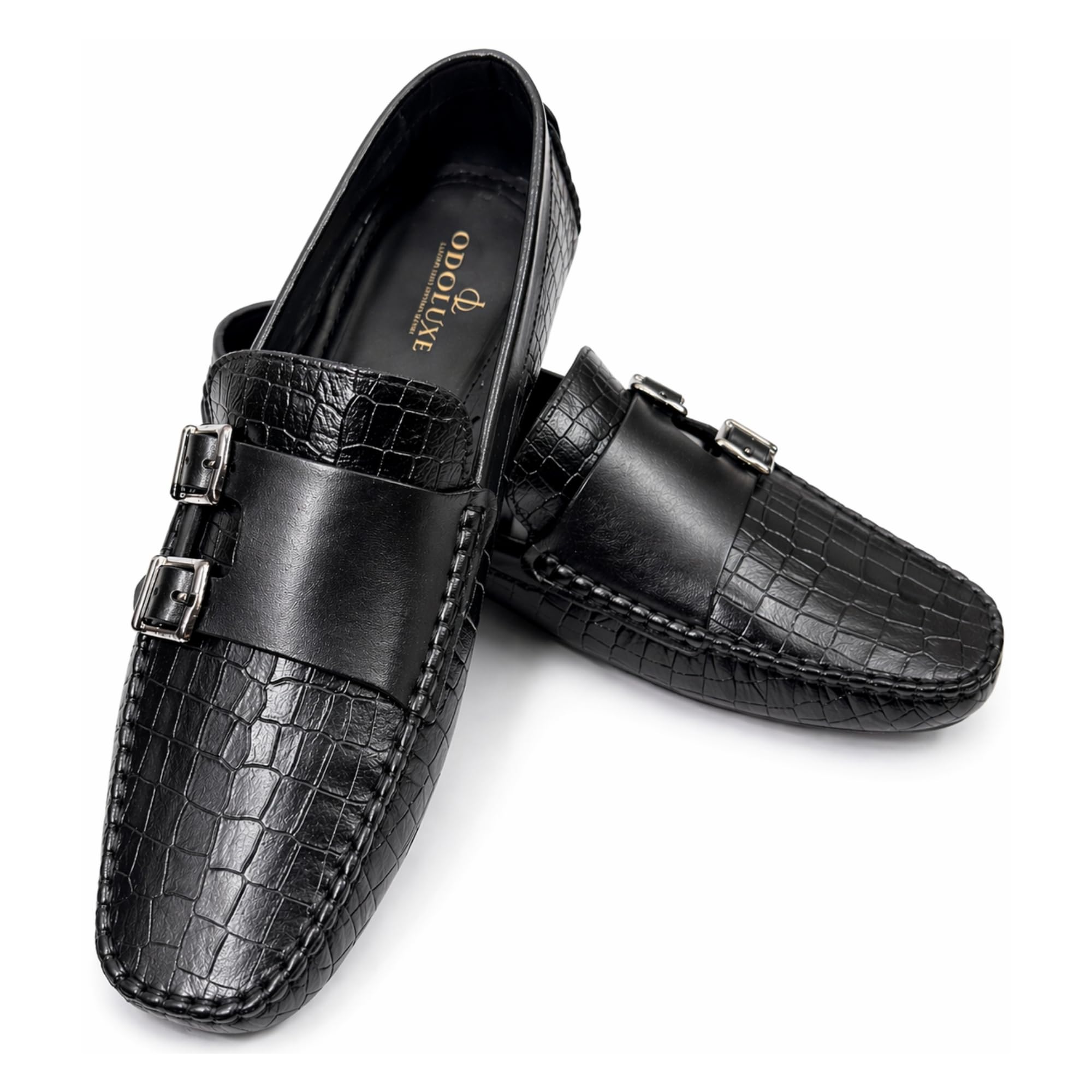 Men's Double Monk Strap Loafer, Black, Croco Textured Premium Leather, Slip-On Casual and Formal Shoe-image-17