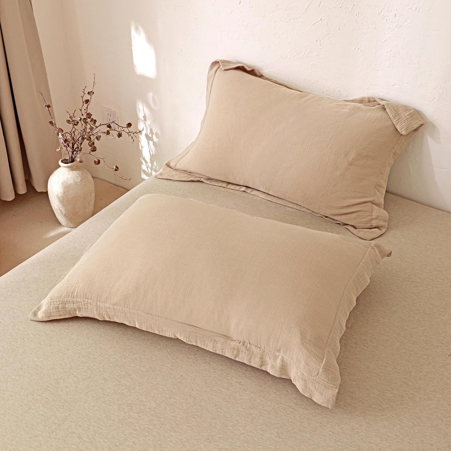 MorroMorn Muslin Duvet Cover California King Size, 100% Cotton Comforter Cover Set, Ultra Soft 3 Pieces 2-Layer Gauze Duvet Cover with 2 Pillowcases, Breathable Linen Like, 98"x104", Linen Beige - Image 7