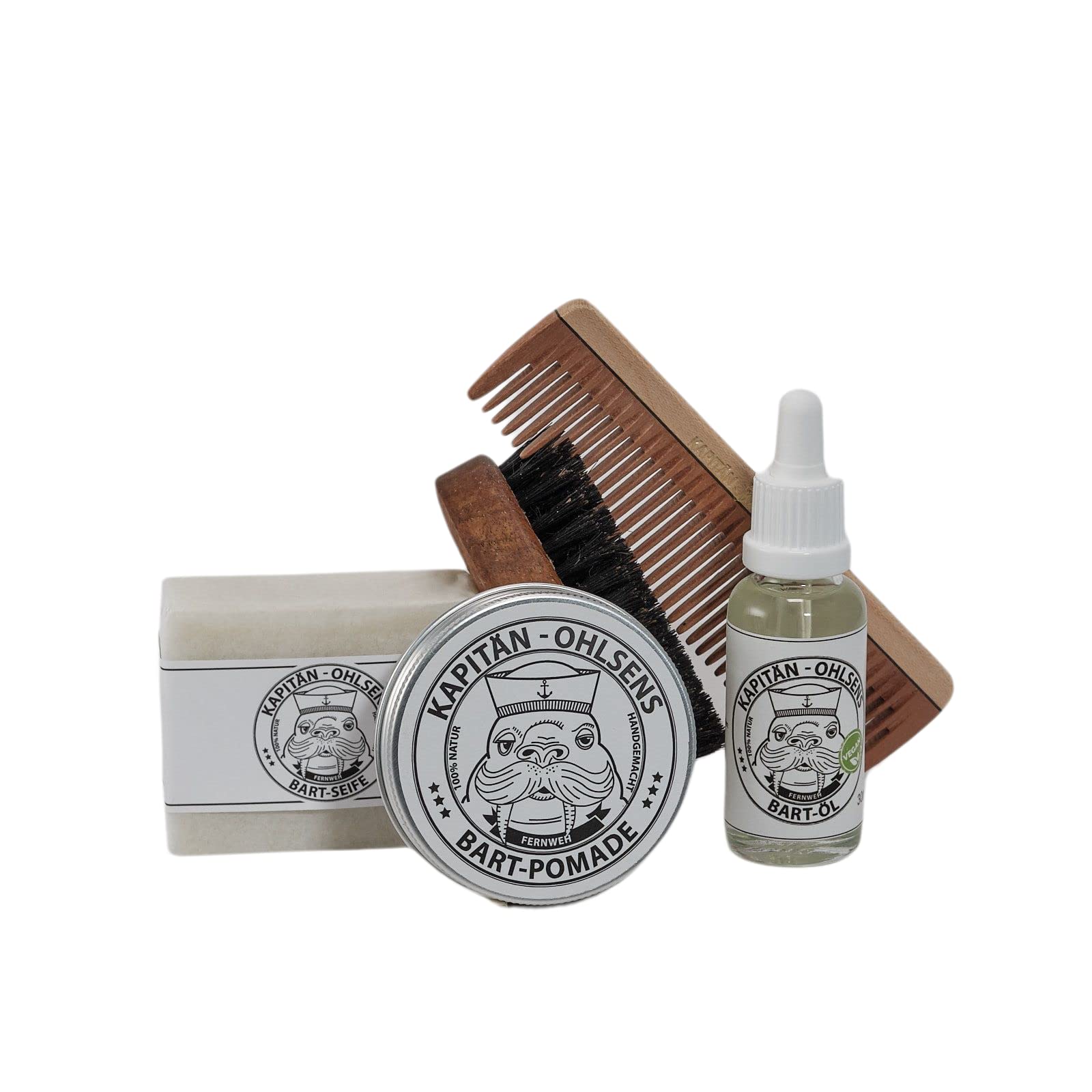 Kapitän Ohlsens Bartpflege Set Kaphorn- Bartöl + Bartpomade + Bartseife + Bartbürste +Bartkamm - handgemacht