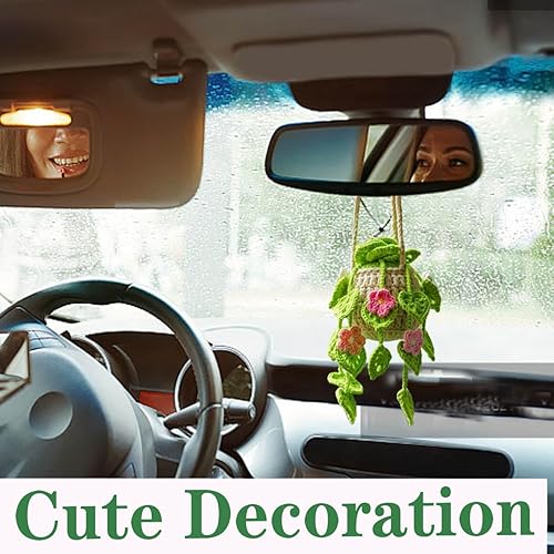 Miniatura 10 de Adorno colgante para automóvil, bonita planta de ganchillo para espejo retrovisor, decoración colgante de espejo hecho a mano, accesorios interiores