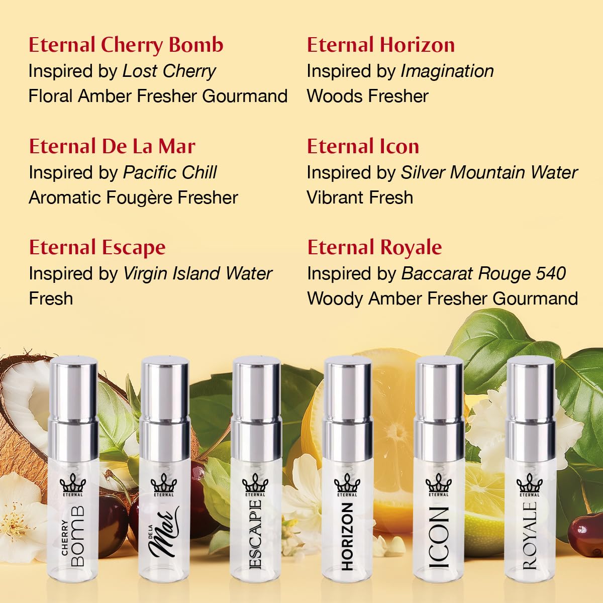 Eternal Discovery Set Unisex Favorites 6x3ml Sample Sprayers, Long-lasting, Vegan, Clean Ingredients, Inspired by Lost Cherry, Imagination, B.accarat 540, Pacific Chill, Silver Mt Water - Men & Women