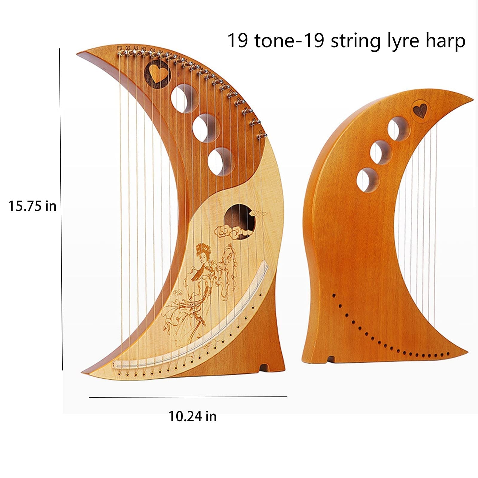 harfa liryczna, Lira Harfa 19 Strun dla Dorosłych, Metalowe Struny Drewniany Instrument Harfowy,Mahoniowa z Kluczem Strojeniowym