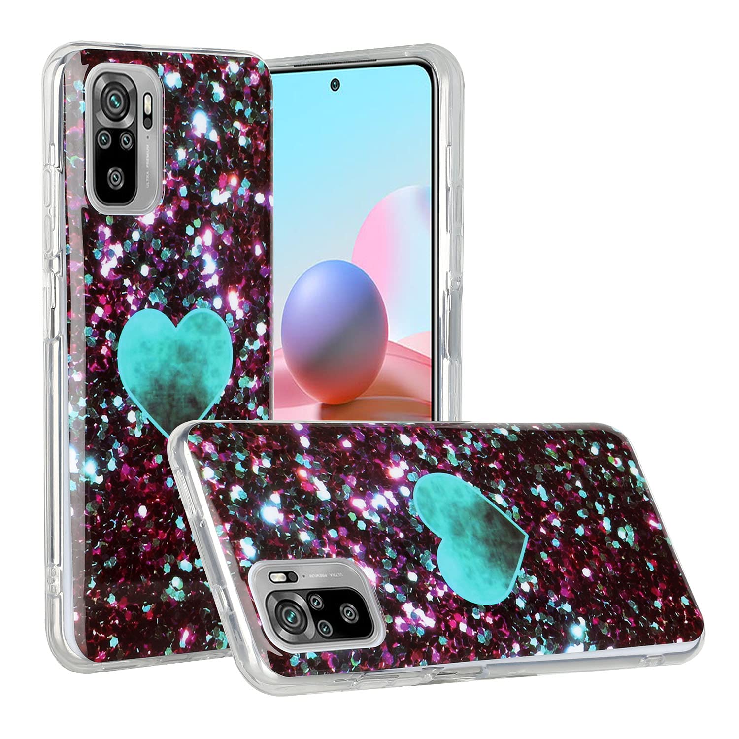 CLM-Tech Case Compatible with Xiaomi Redmi Note 10 / Note 10S - TPU Silicone Case Protective Mobile Phone Case - Glitter Heart Turquoise Black Multicoloured