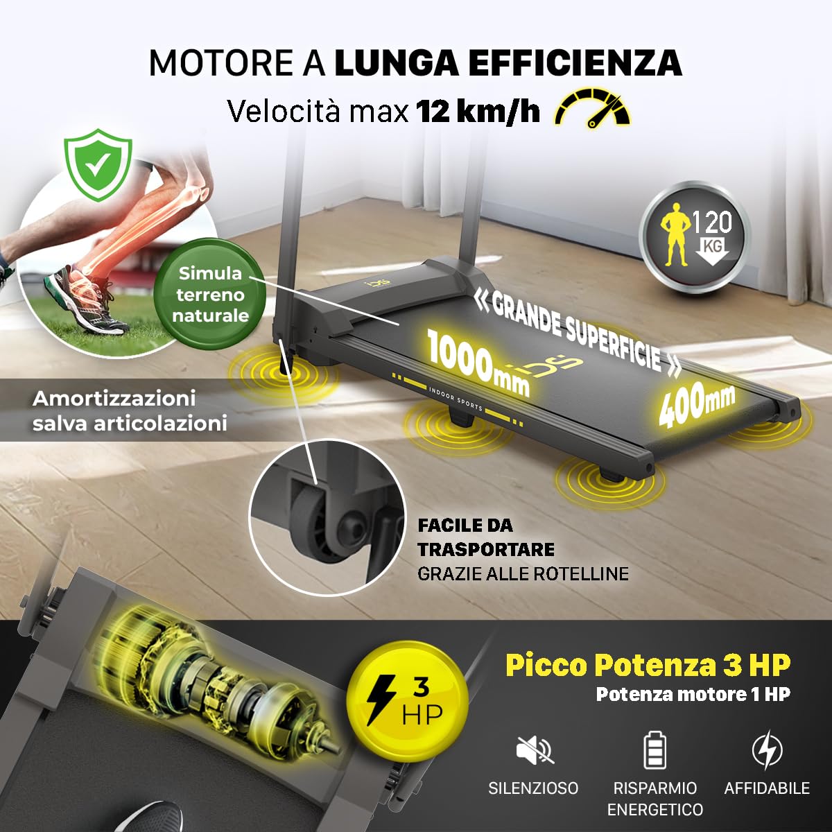 IDS W6 Tapis Roulant Elettrico Salvaspazio, CORSA + NORDIC WALKING, Brand ITALIANO, Super Slim 11,5 CM, 8 km/h, 6 Programmi, Telecomando da polso, Garanzia e Assistenza ITALIA