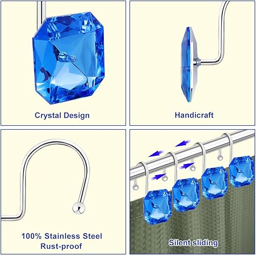 Miniatura 8 de Ganchos de cortina de ducha para baño, acero inoxidable resistente a la corrosión, diamantes de imitación decorativos cuadrados azules ganchos de