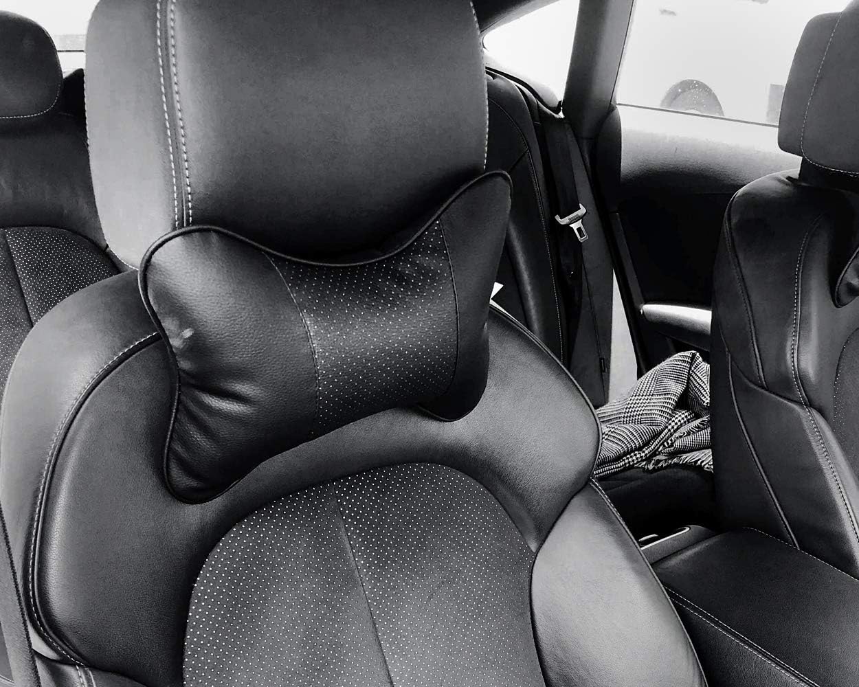 DS. DISTINCTIVE STYLE Car Neck Pillow 2 Pieces PU Leather Travel Pillow for Head Rest Neck Support for Car Seat - Black - Image 7