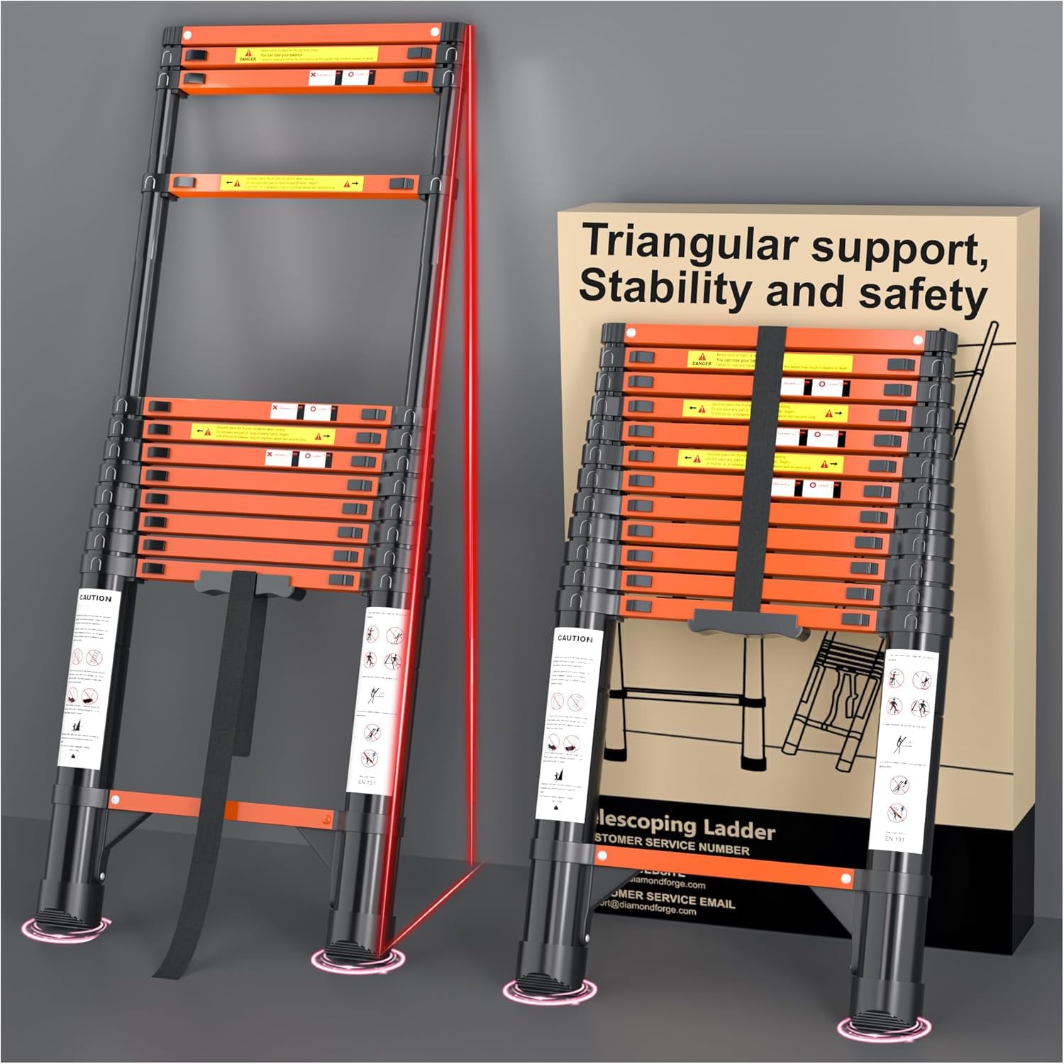 Telescoping Ladder, 12.5 FT 330 Lbs Aluminum Extension Ladder, Black Orange