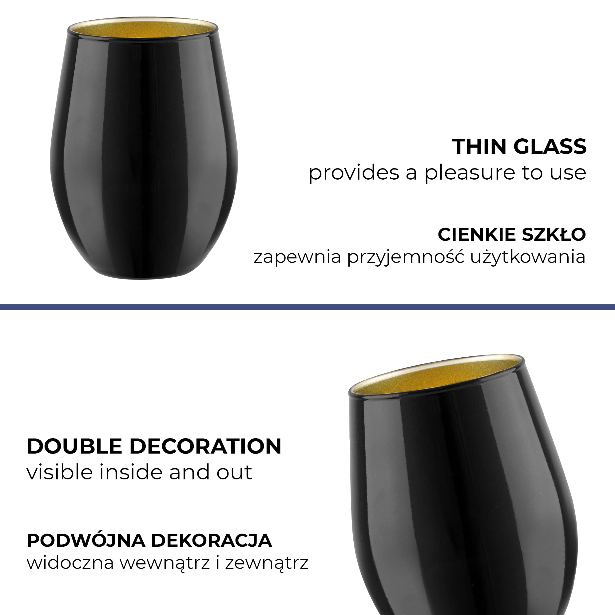 TREND FOR HOME Bicchieri Colorati Vetro 580 ml Bicchieri Acqua Vetro Set da 6 Pezzi Bicchieri Acqua Moderni Tumbler Basso, Phoebe Great Gatsby, Nero/Oro
