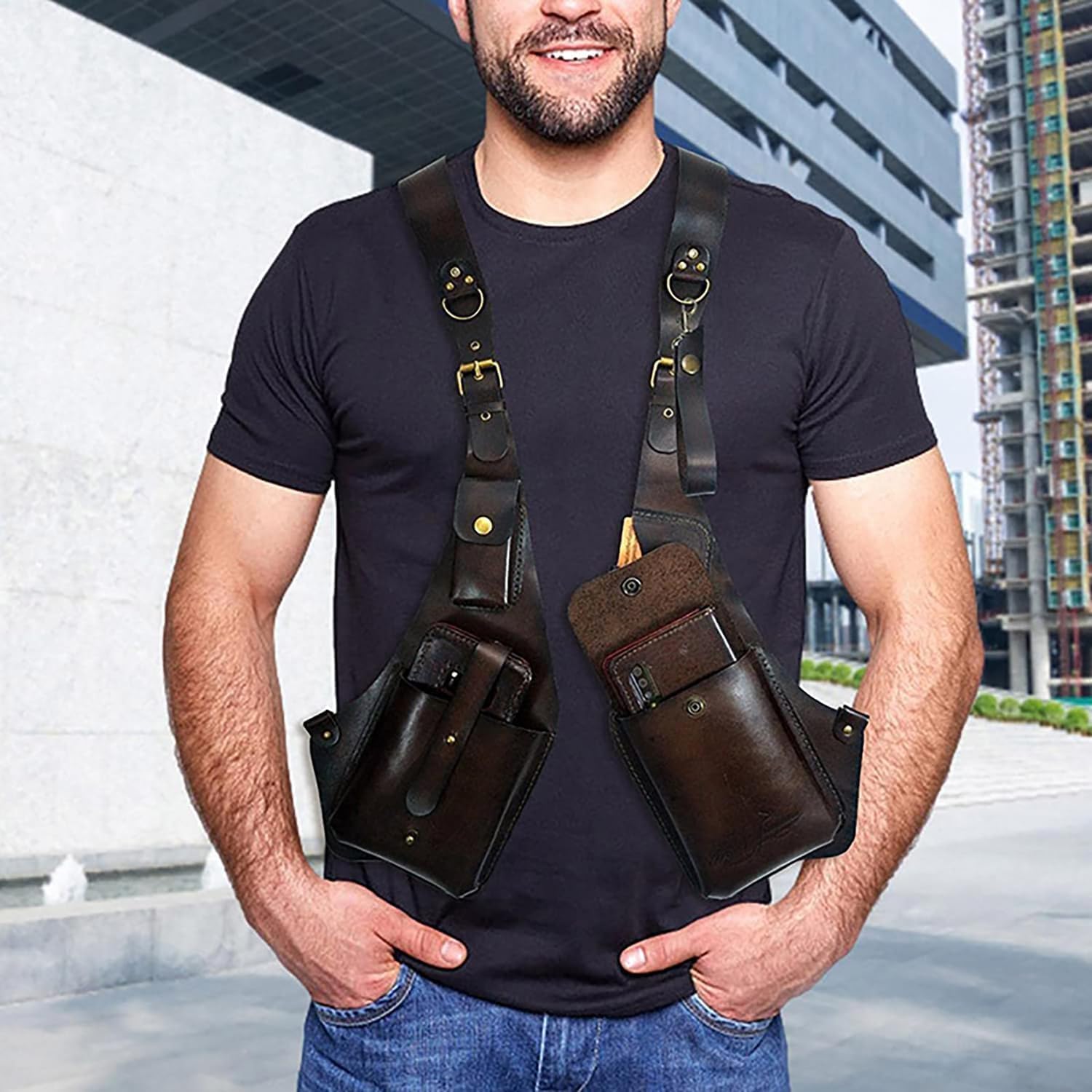 Faux Leather Adjustable Underarm Shoulder Bag,Anti Theft Bag with Shoulder Harnes,Shoulder Holster Bags for Man,Travel Outdoors (Dark Brown)