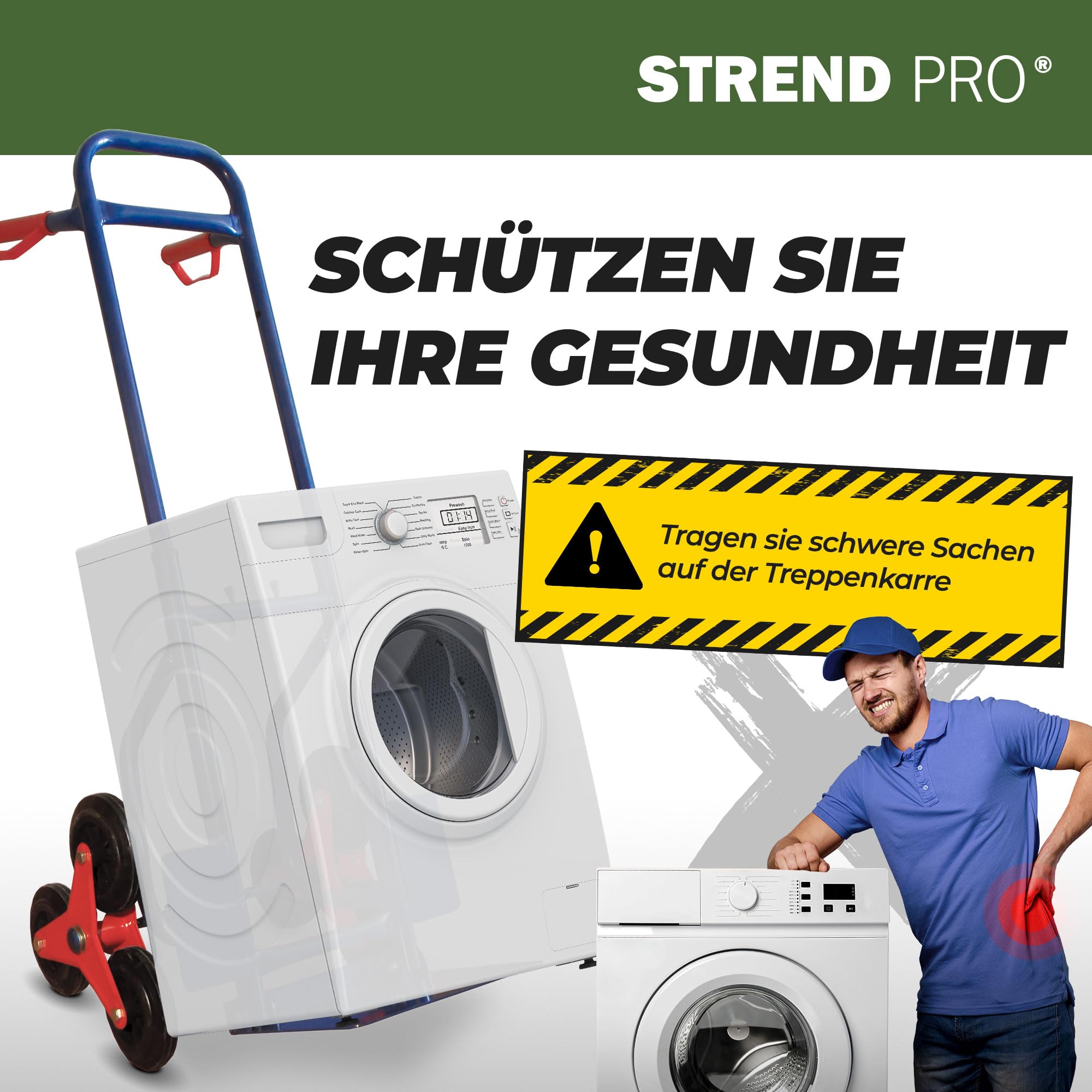 STREND PRO Treppen Sackkarre Klappbar 200kg | Sackkarre Treppensteiger Faltbar mit Vollgummireifen | Kleine Transportkarre für Treppentransporte und Umzüge | Waschmaschine Transporthilfe