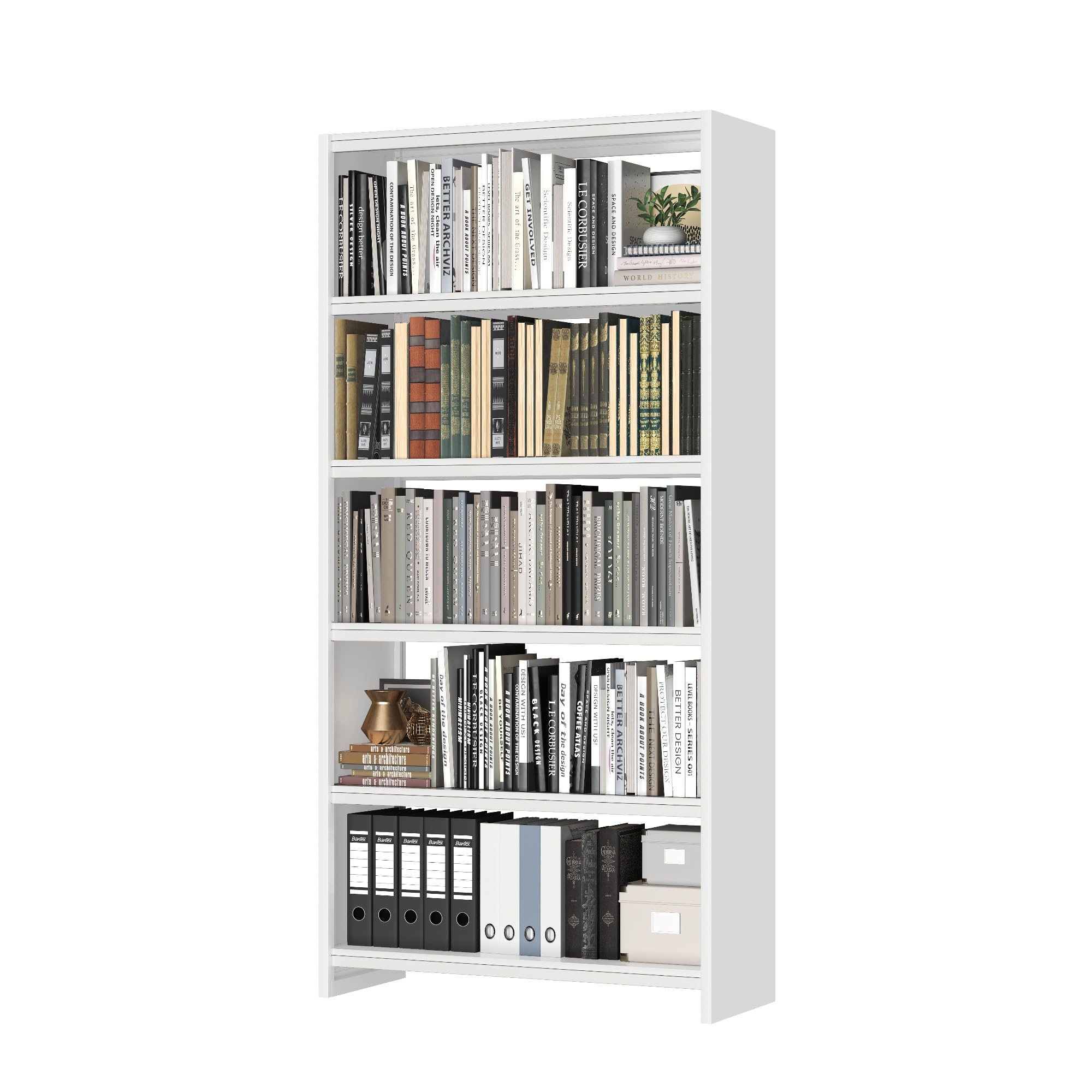 69" Tall Bookcase, 5-Tier Wide Bookshelf, Library Book Case with Display Shelf, Lightweight Metal Bookshelves, Industrial Book Shelf for Home, Office, Library, and School (White)