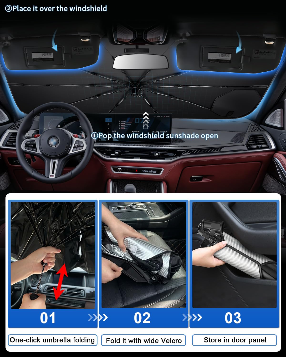 SHAOHAO Compatibile con BMW X5 G05 /X6 G06 /X7 G07 2018-2026 Parasole per auto Parasole per parabrezza Facile da riporre Maniglia con cordino Protezione UV Accessori parasole