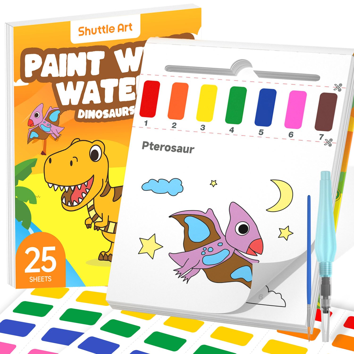 Shuttle Art Paint with Water Coloring Book for Kids, 25 Dinosaur Themed Pages with 2 Brushes, Mess-Free Watercolor Paint Set, Travel-Friendly Art Craft Gift for Toddlers, Birthday Christmas Gift