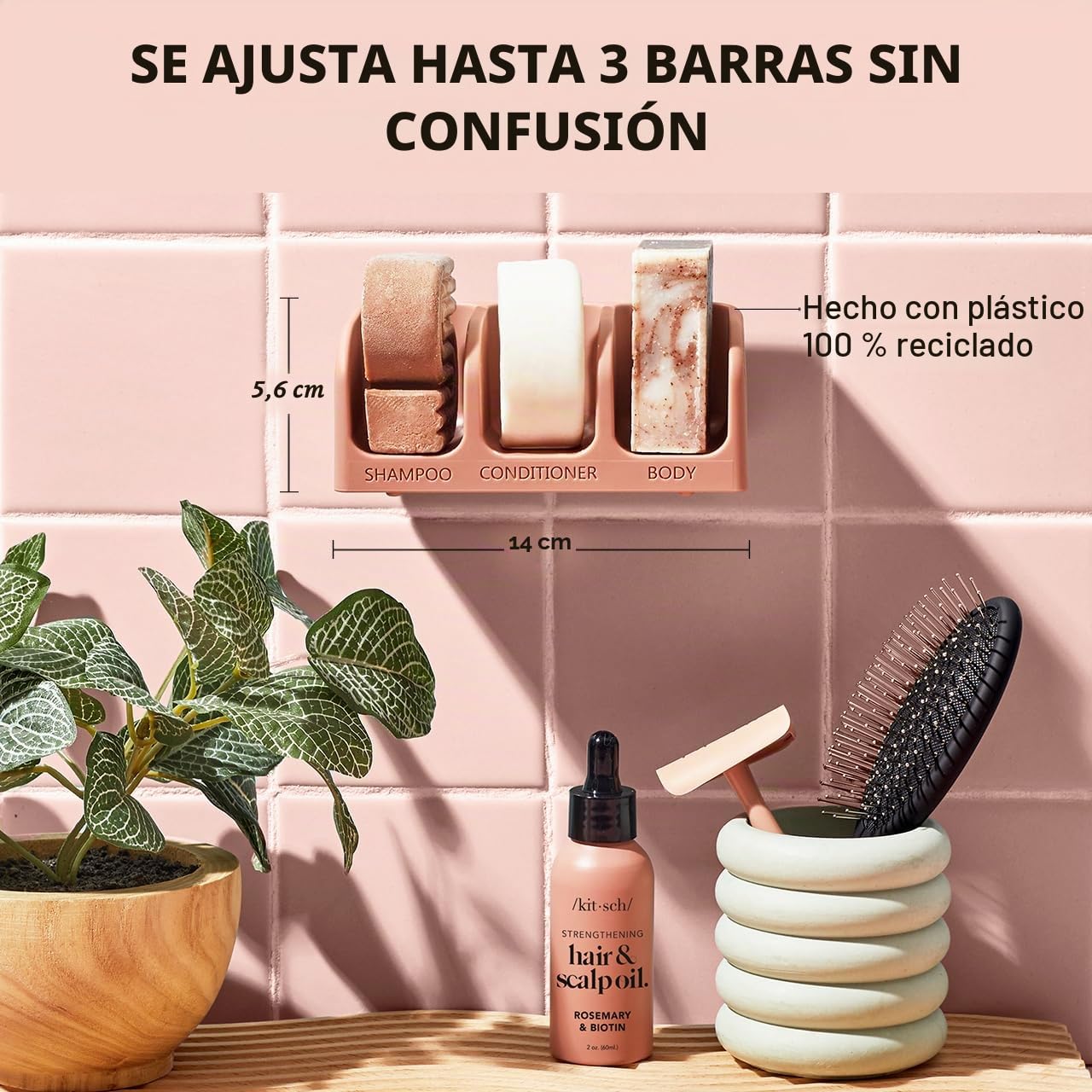 Kitsch Jabonera autodrenante para ducha, soporte de plástico reciclado para champú, acondicionador y barras de lavado corporal, elegante soporte de jabón de ducha para 3 barras con ventosas extraíbles