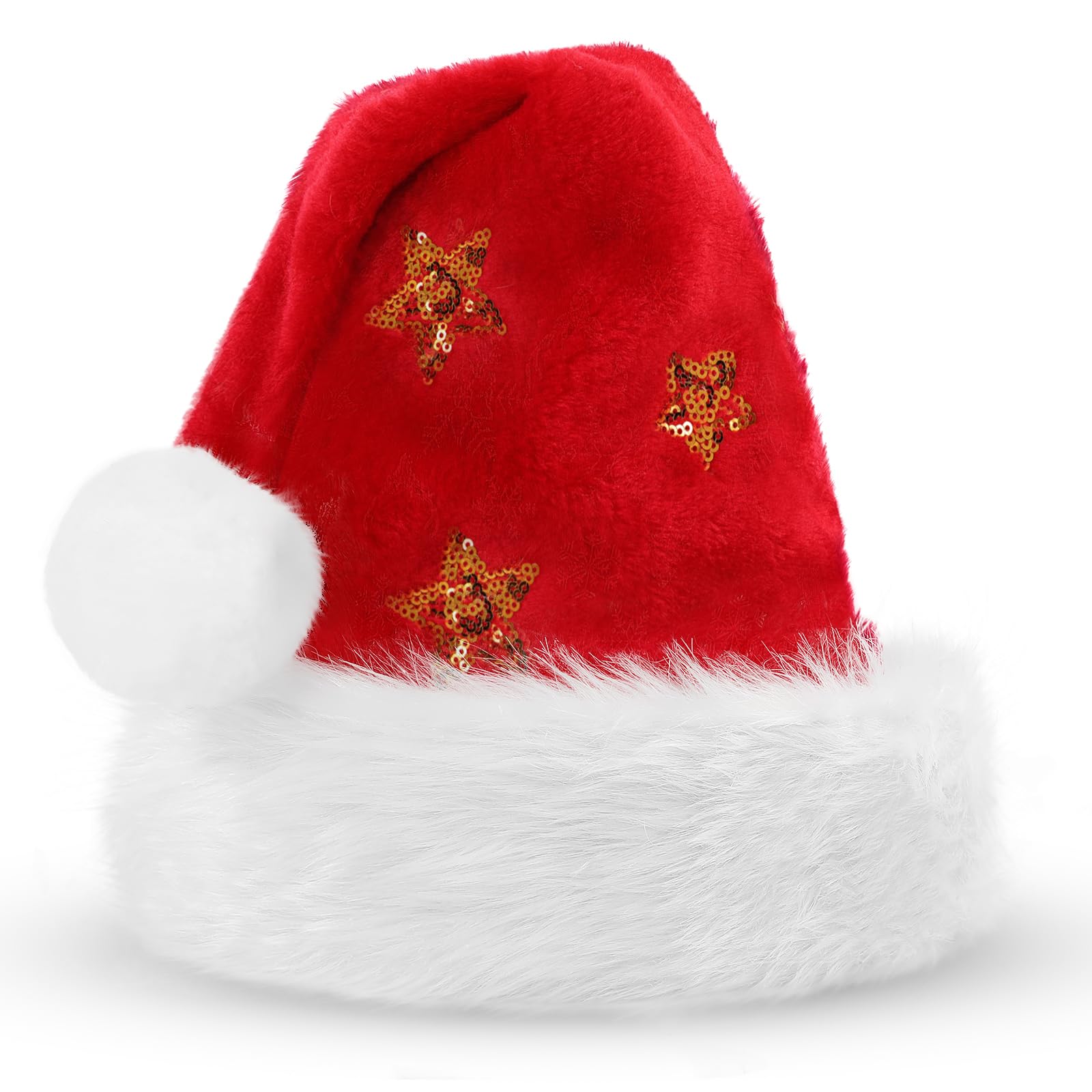 KONVINIT Christmas Santa Hat Festive Santa Clause Hat, Fluffy & Durable for Holiday Celebrations, Red With Stars, L-XL - Image 2