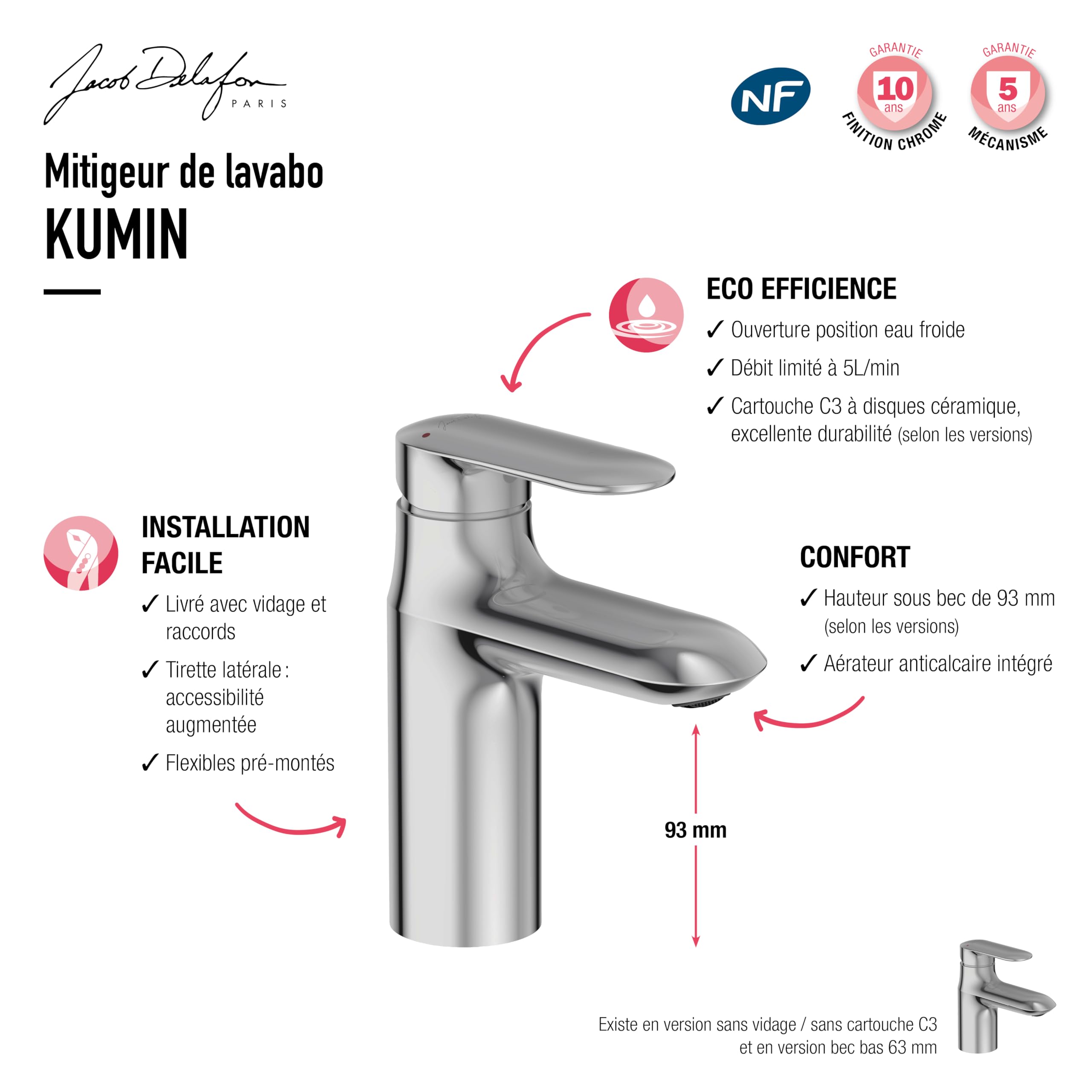 Jacob Delafon Mitigeur Lavabo Kumin, avec Flexibles, Chrome | Cartouche céramique. Certifié NF. Débit 5L/min. Bec 9,3cm