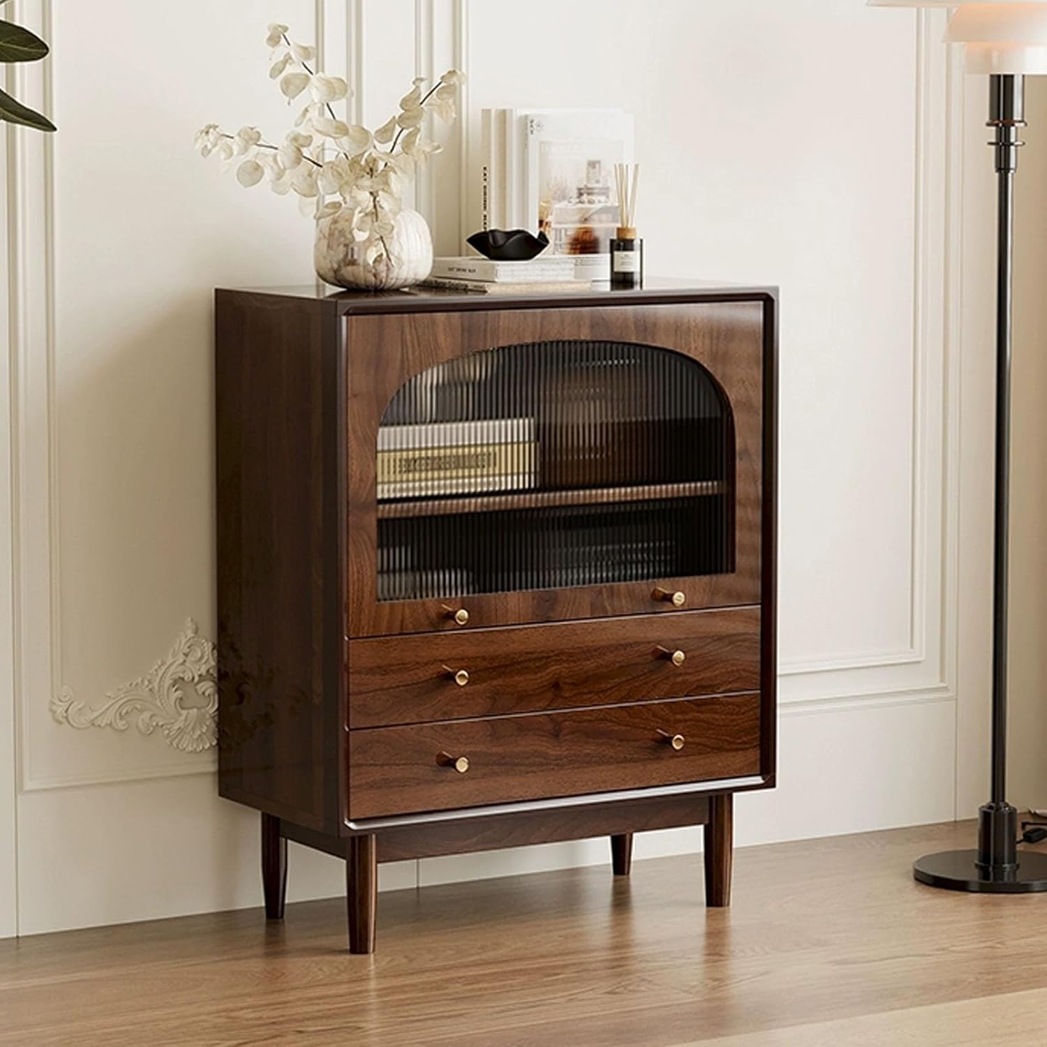 Arched Sideboard Buffet Cabinet, Accent Storage Cabient with Glass Doors/Rattan Weaving, Hutch Cupboard Adjustable Shelves, Coffee Bar Entryway Cabinet(Brown A,80x100cm/31.4x39.3in)