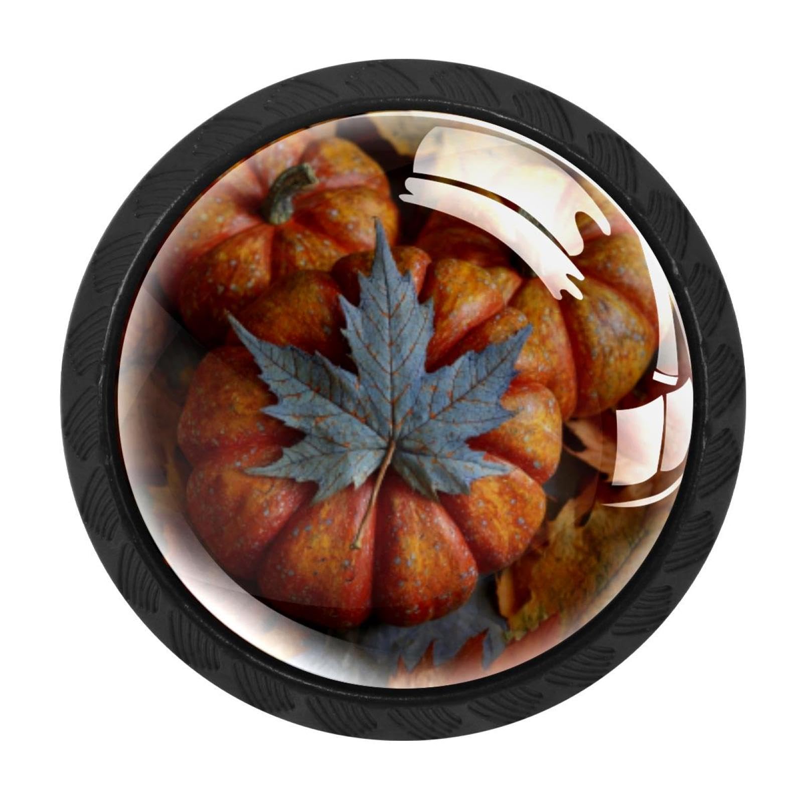 CHENZZZZ 4 Pack Black Fall Pumpkins Maple Leaf (2) Drawer Knobs, Cabinet Knobs Round Glass Knobs for Kitchen Cabinet Hardware Bathroom 35MM