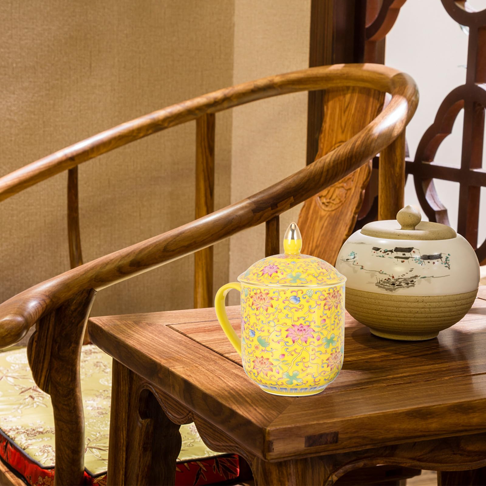 Alasum Keramik Teetasse mit Deckel und Teesieb im Klassischen Retro Stil Gelbe Chinesische Teetasse als Geschenk für Restaurantgebrauch