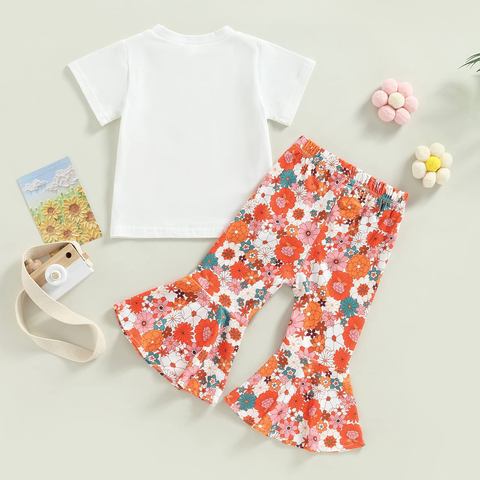 Set di pantaloni a zampa, 2/3 pezzi, per compleanno, con lettere carine, camicia+pantaloni a zampa, set boho, estivo, servizio fotografico