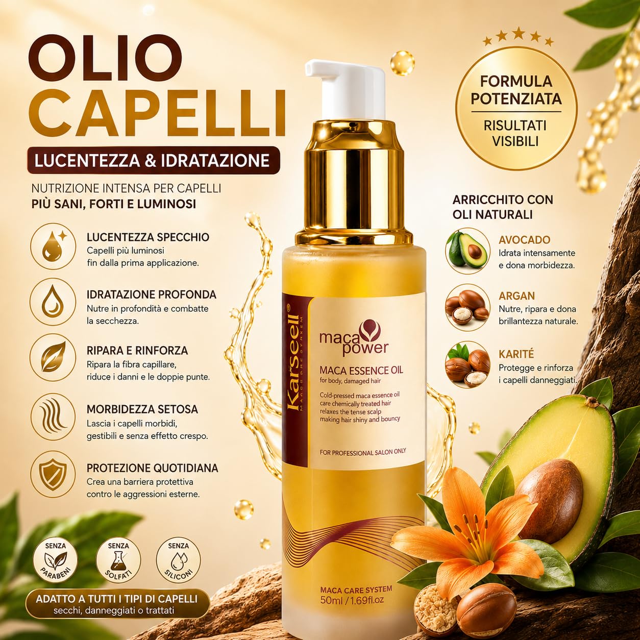Karseell MACA CARE SYSTEM Set Professionale Antigiallo Maschera Viola 500ml Shampoo Viola 500ml Siero Olio di Argan 50ml per Capelli Biondi Platino e Grigi Idratante Riparatore Antifrizz