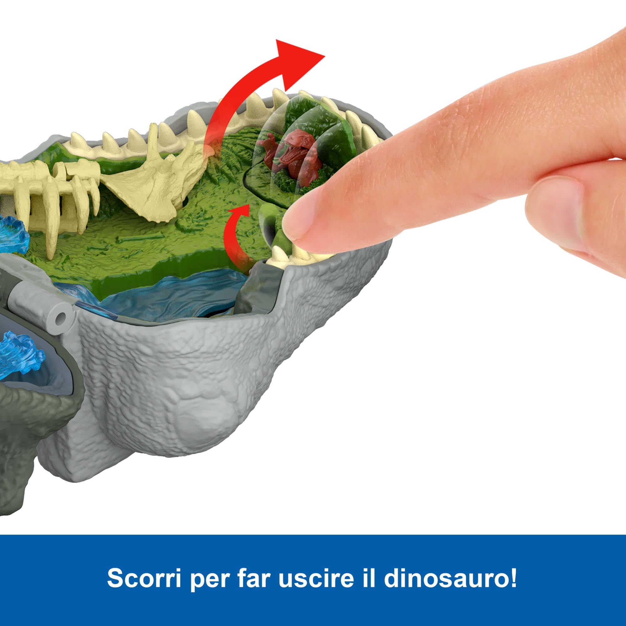Mattel Jurassic World La Rinascita Micro Avventure, playset con testa di T-Rex che si apre con 4 funzionalità interattive, 3 micro personaggi, T-Rex giocattolo, JGB97