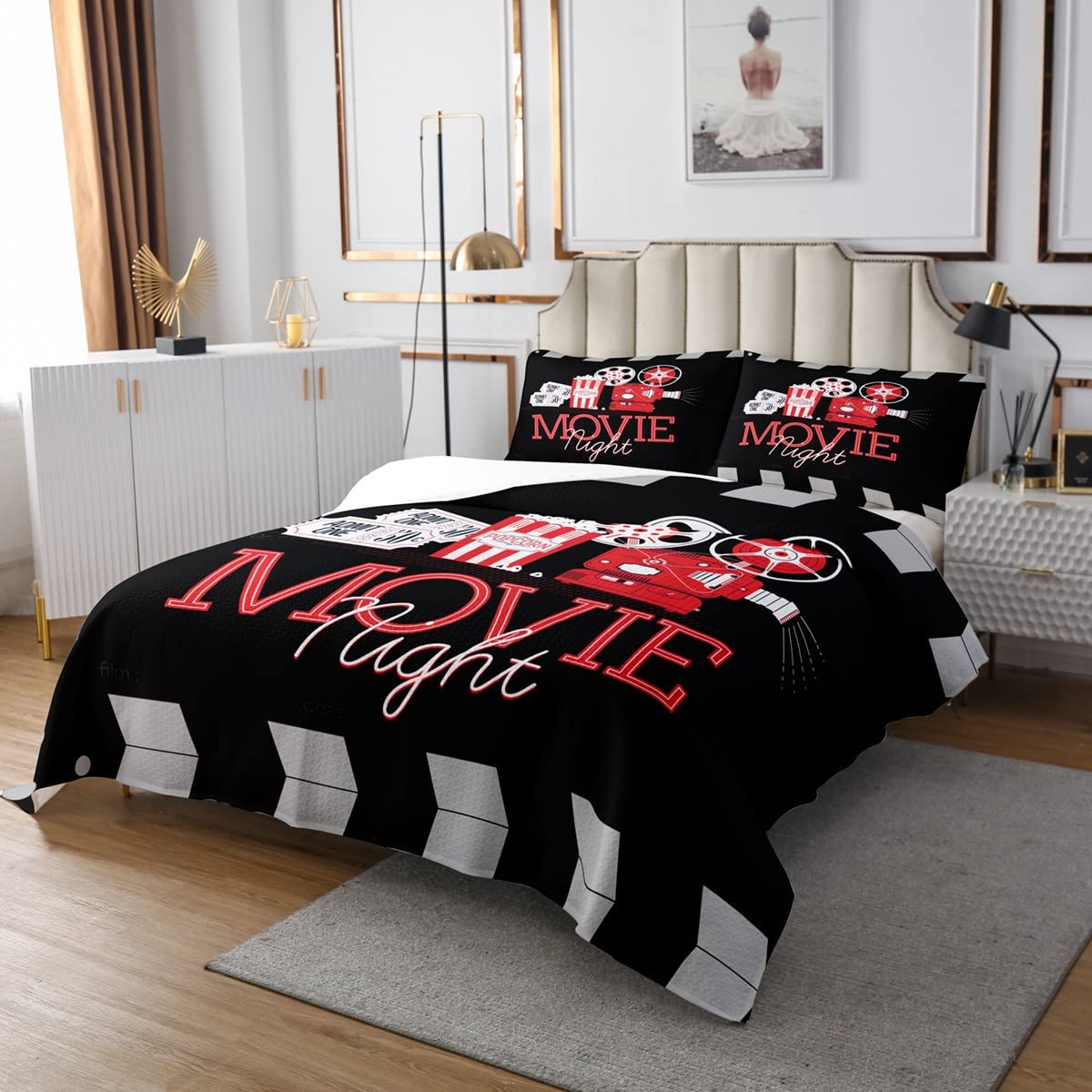Retro Movie Night 3 Piece King Bedspread,Cinema Ticket Projector Print Quilt Set for Children Adult Bedroom Gift,Film Filmstrip Themed Quilt Set with 2 Pillowcases, Soft Polyester Quilted