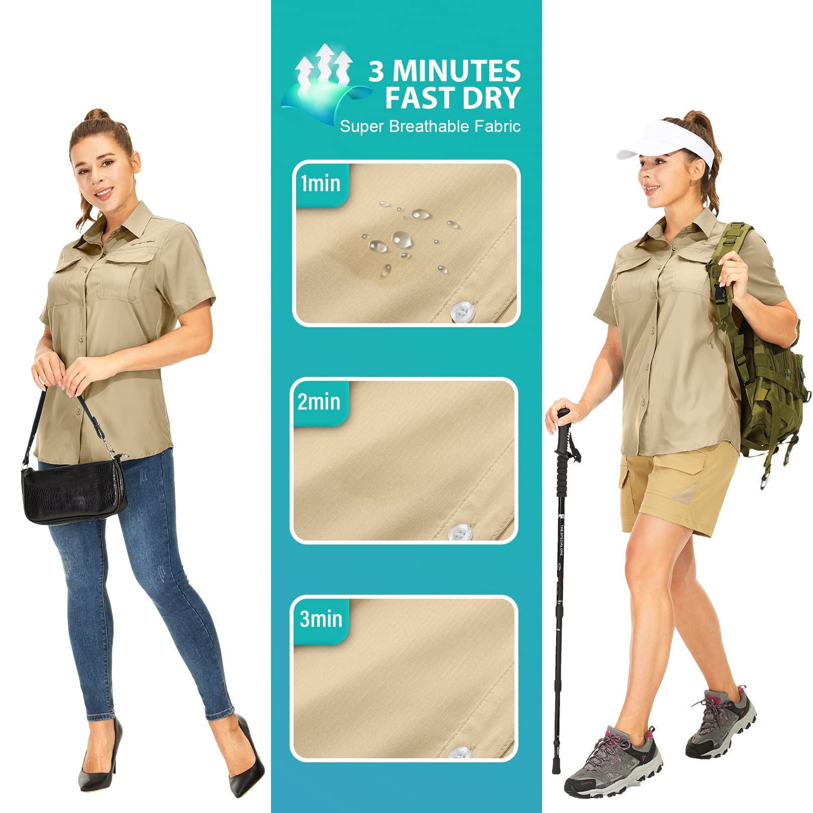 yeyity Hemdbluse Damen Kurzarm UV Schutz Wander Shirt Damen Atmungsaktiv Safari Hemd Schnelltrocknende Outdoorhemd,Sommer Tops
