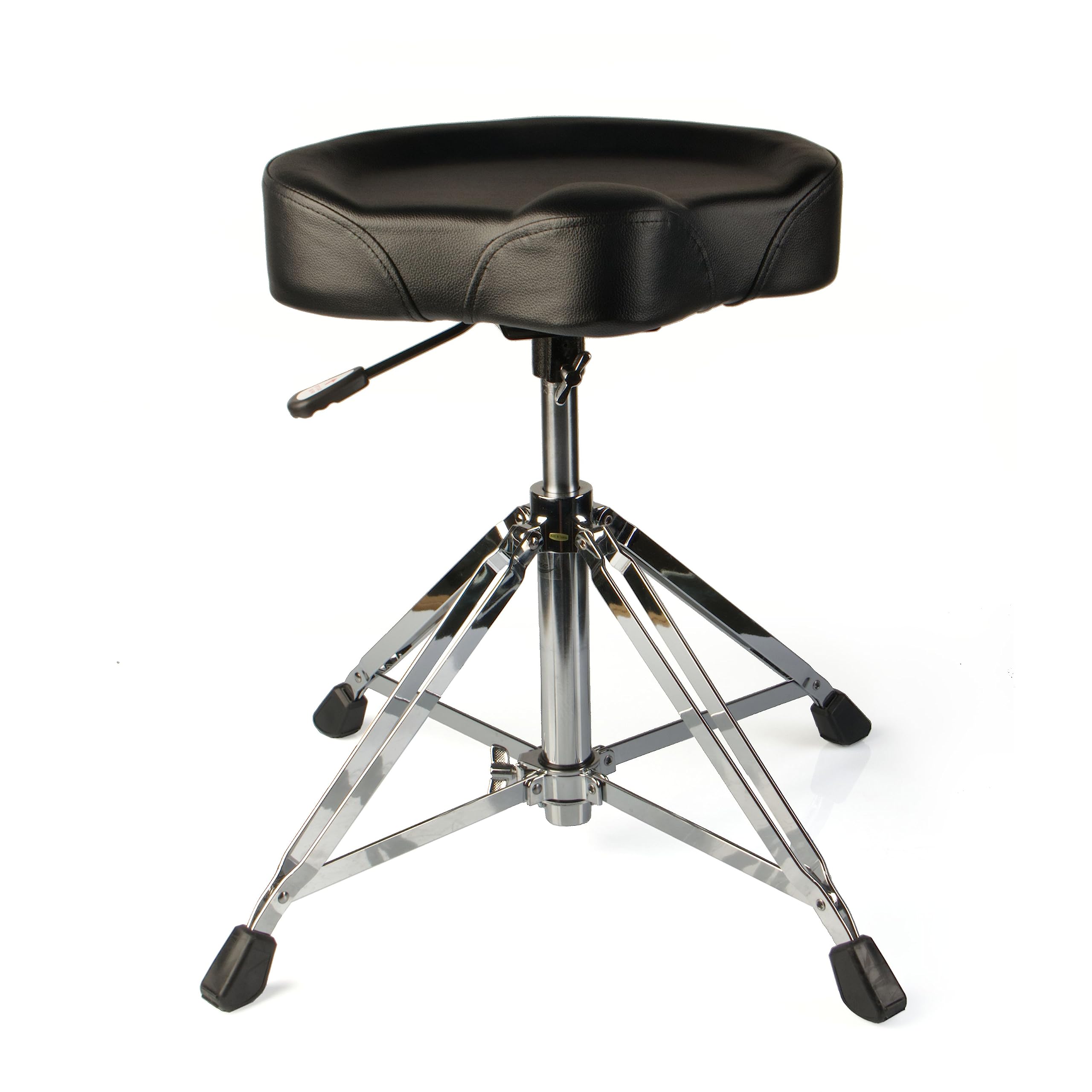 Fame D9006 Drumhocker, Profi Sattel-Design, Kunstlederbezug, Hydraulische Höhenverstellung 47-66cm, Doppelstrebig, Vier Beine, Verchromtes Finish, Zusammenfaltbar