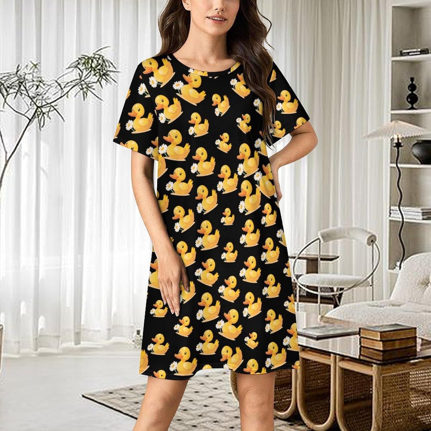 Yellow Rubber Duck with Daisy Flower Nightgowns for Women Short Sleeve Sleep Dress Casual Sleepshirt Night Gowns Pajamas