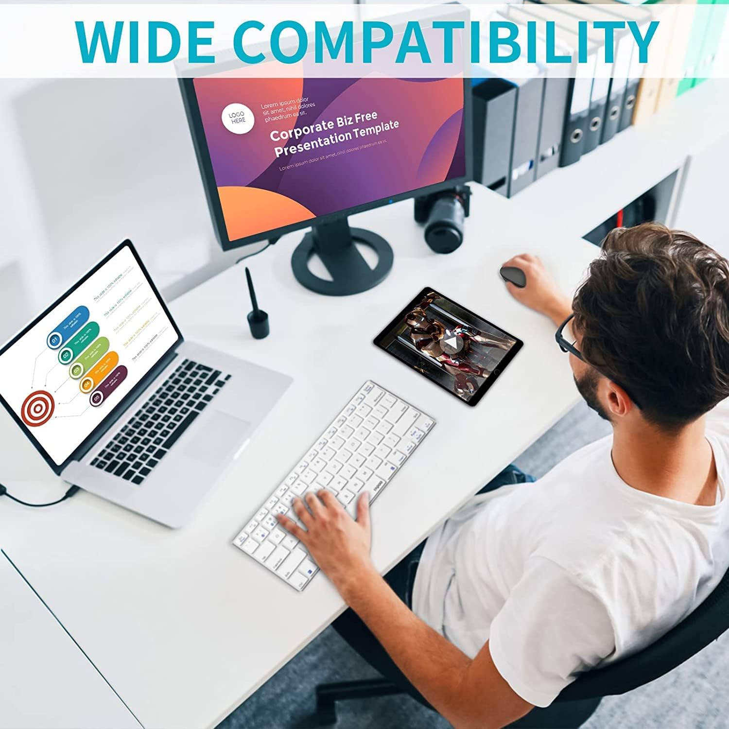 Person using Rapoo M100 mouse with a computer setup