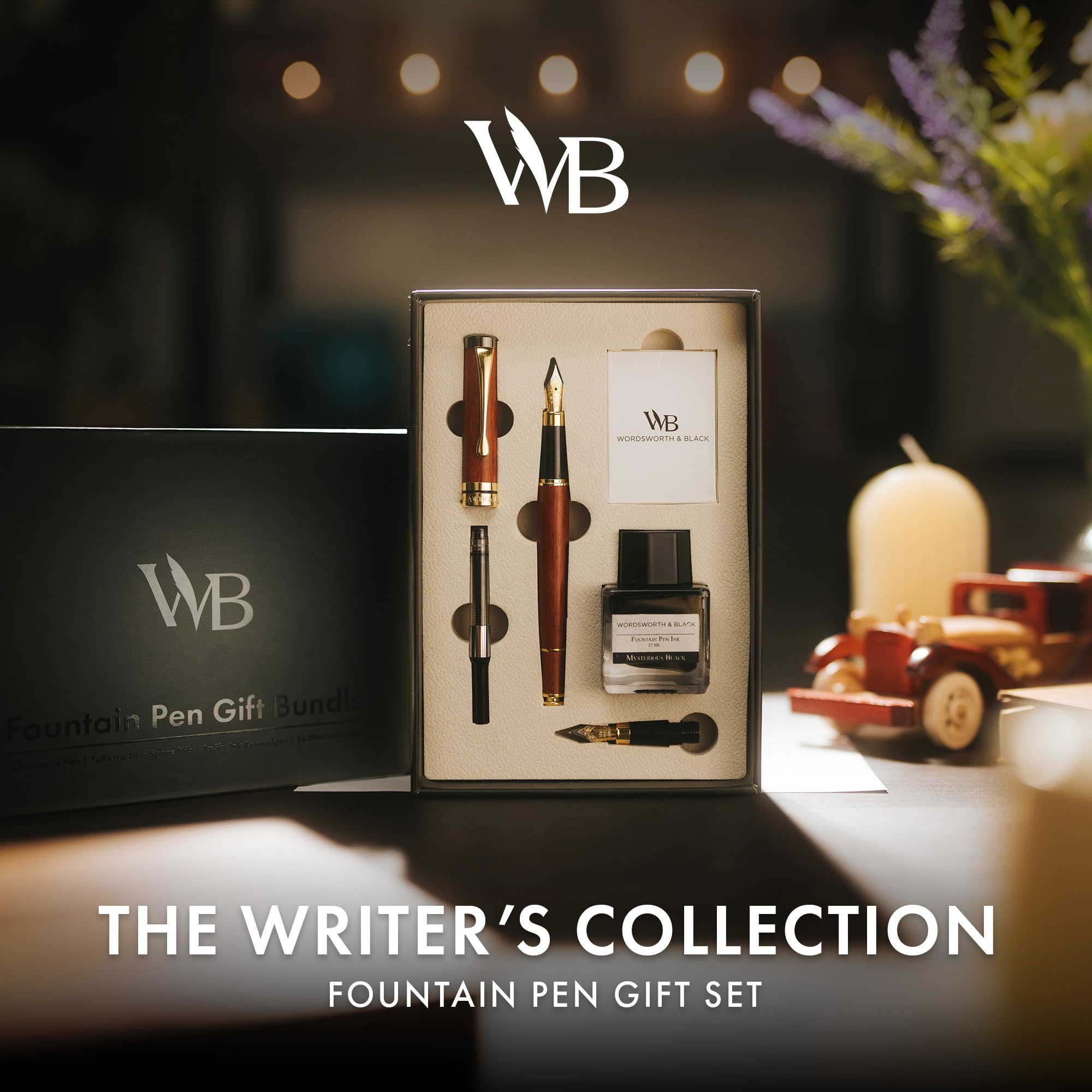 Wordsworth & Black Stylo Plume Luxe Bambou – Ensemble Rosewood, Plume Moyenne + Extra Fine, Encre Noire & Cartouches, Coffret Cadeau